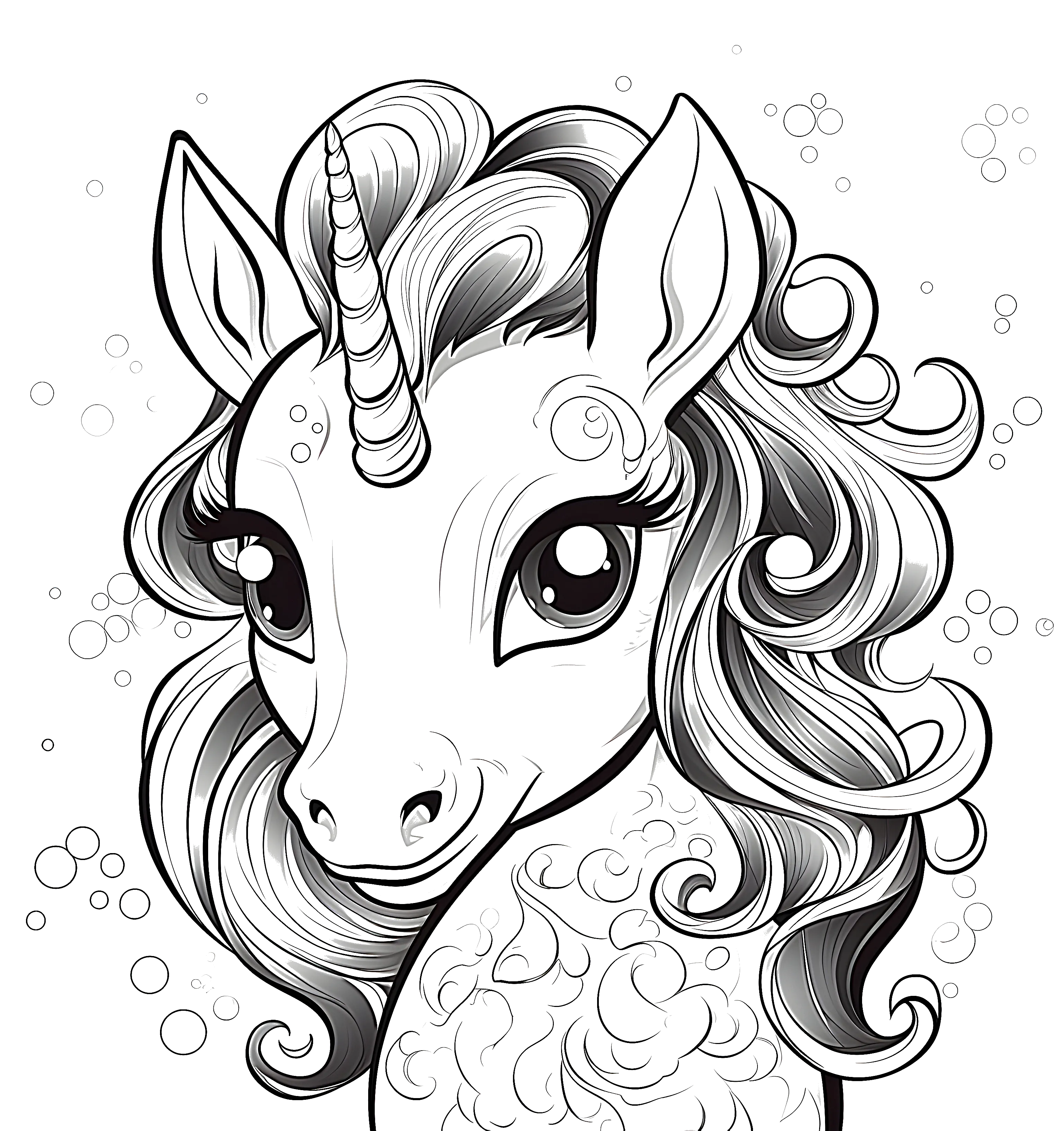 FREE Unicorn Coloring Page with Big Eyes and Curly Hair - Printable Do