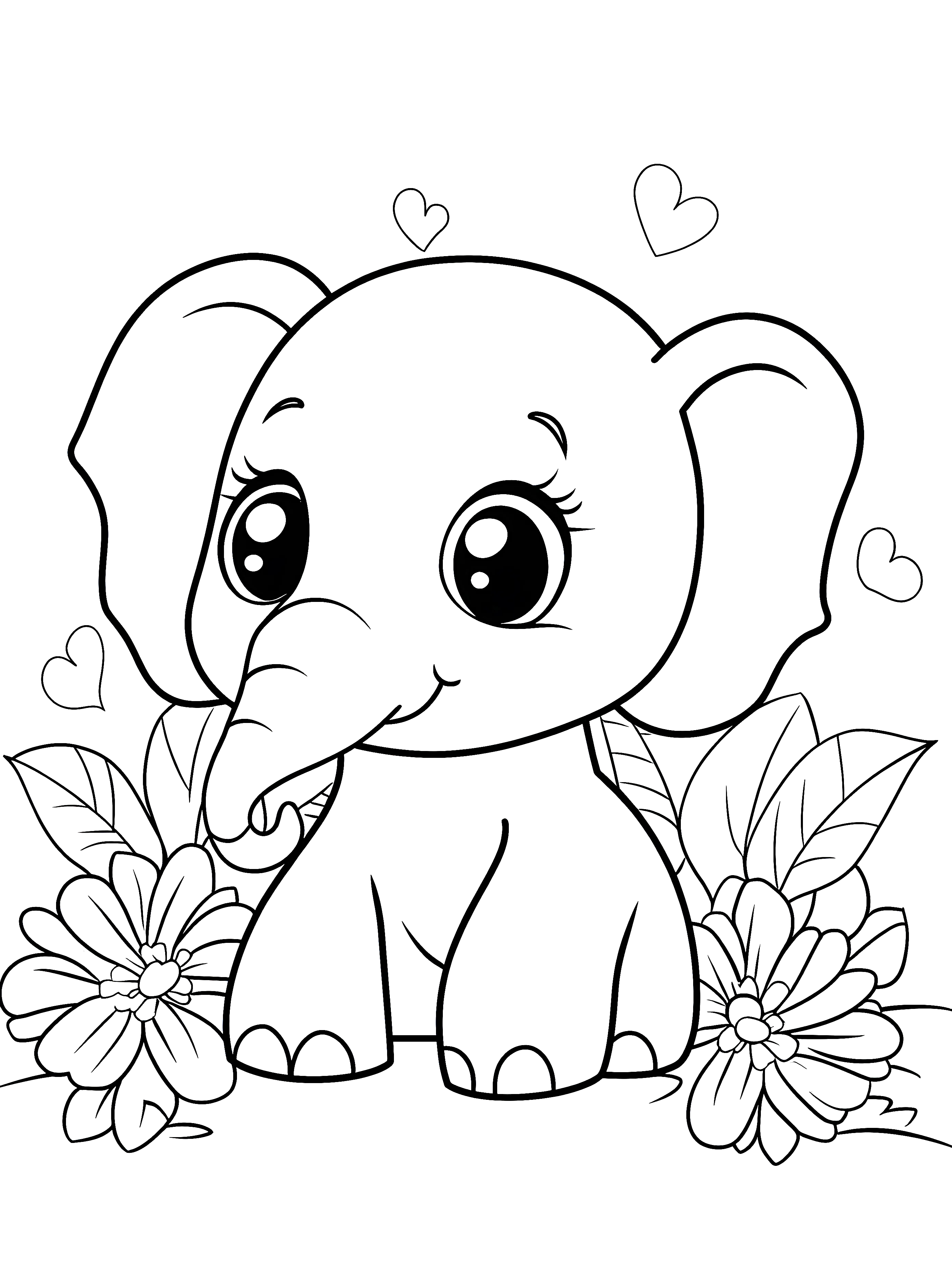 FREE Baby Elephant Coloring Page with Flowers and Hearts - Download NO ...
