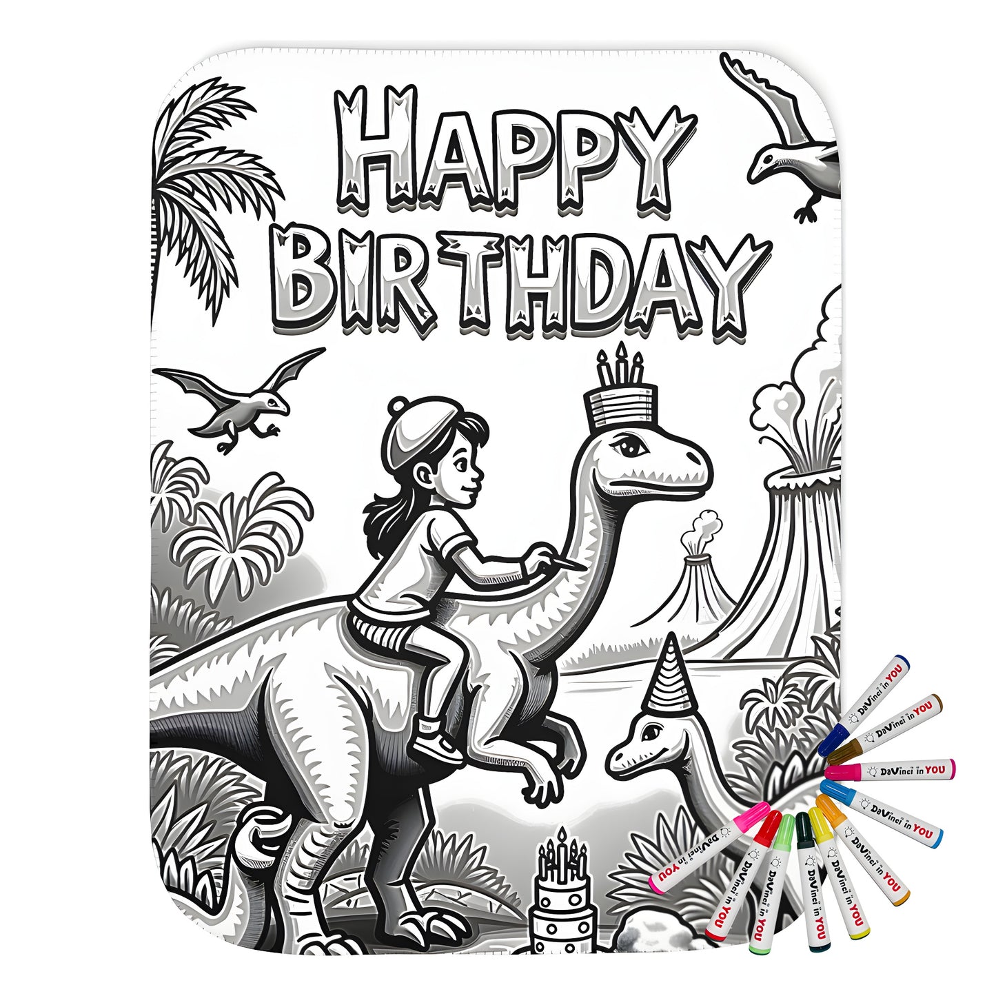 Birthday Party Coloring Kit Blanket featuring dinosaurs and volcano jungle scene with happy birthday message