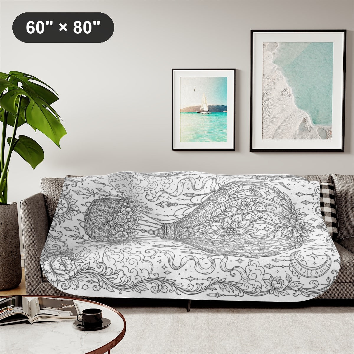 Celestial Hot Air Balloon Sherpa Blanket kit shown in a lifestyle mockup - styled in a living room - 60" × 80"