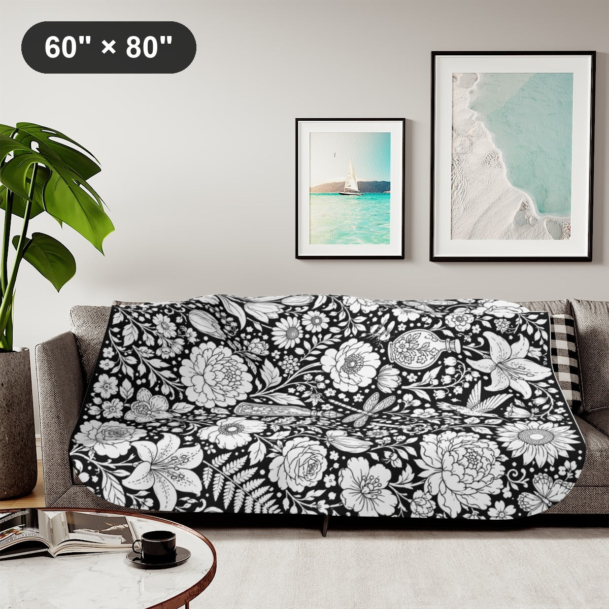 Botanical Garden Sherpa Blanket kit shown in a lifestyle mockup - styled in a living room - 60" × 80"