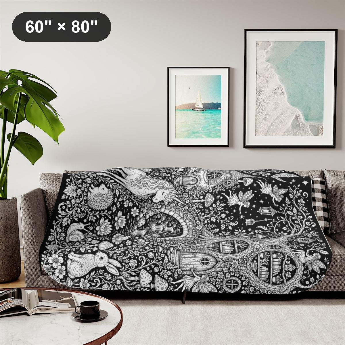 Mushroom Woodland Unicorn Sherpa Blanket kit shown in a lifestyle mockup - styled in a living room - 60" × 80"