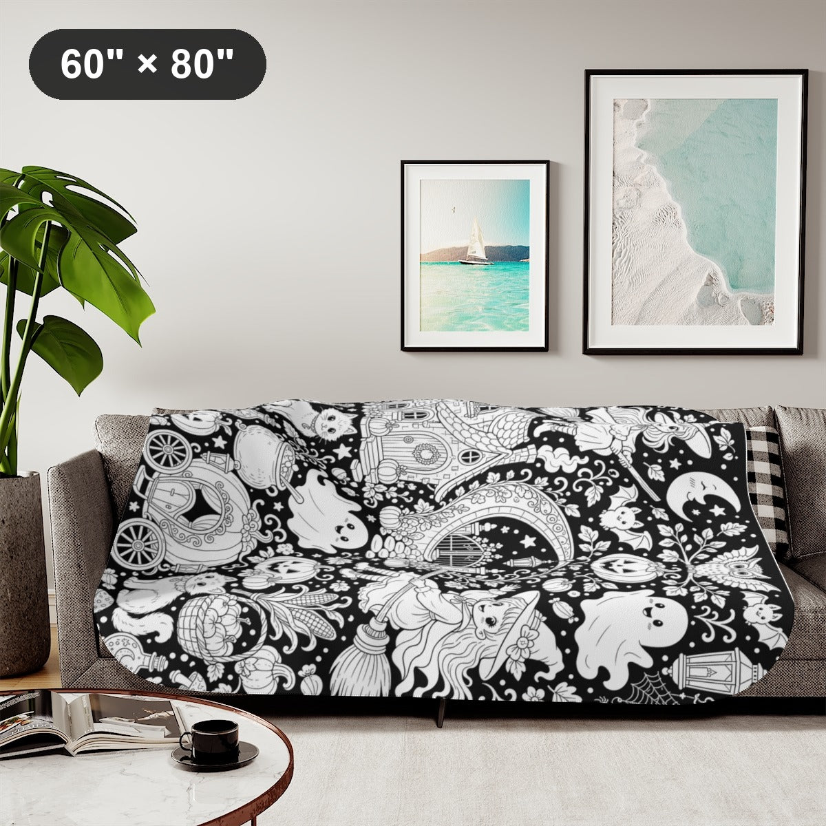 Halloween Witch Magic Sherpa Blanket kit shown in a lifestyle mockup - styled in a living room - 60" × 80"