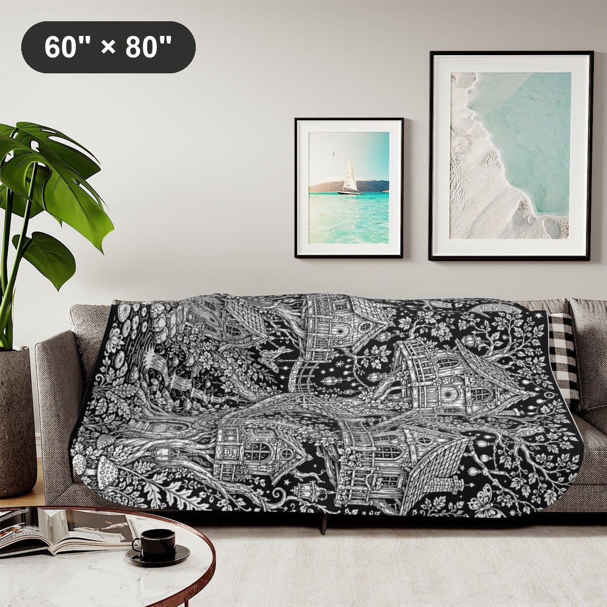 Moonlit Fairy Treehouse Village Sherpa Blanket kit shown in a lifestyle mockup - styled in a living room - 60" × 80"