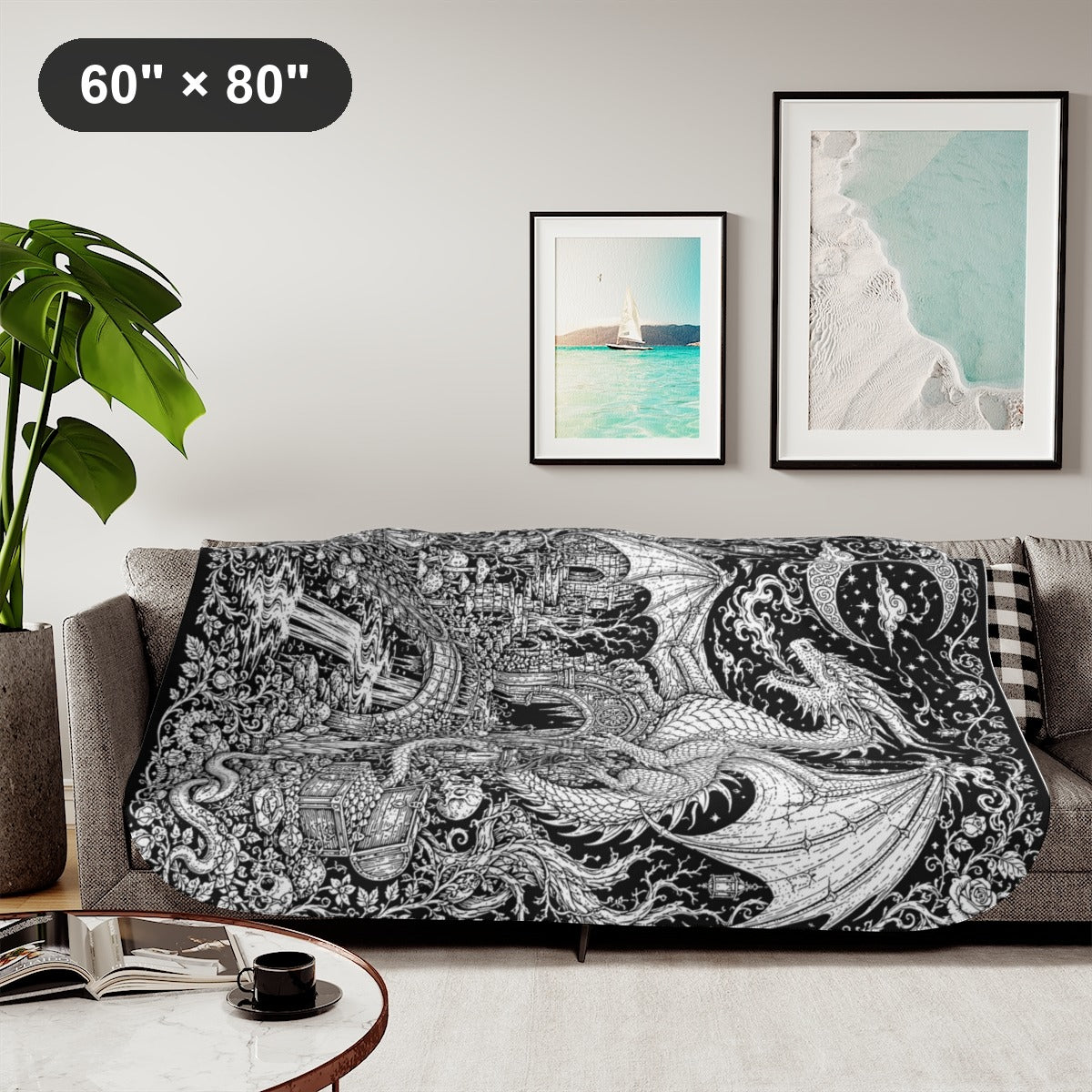 Dragon Castle Treasure Sherpa Blanket kit shown in a lifestyle mockup - styled in a living room - 60" × 80"