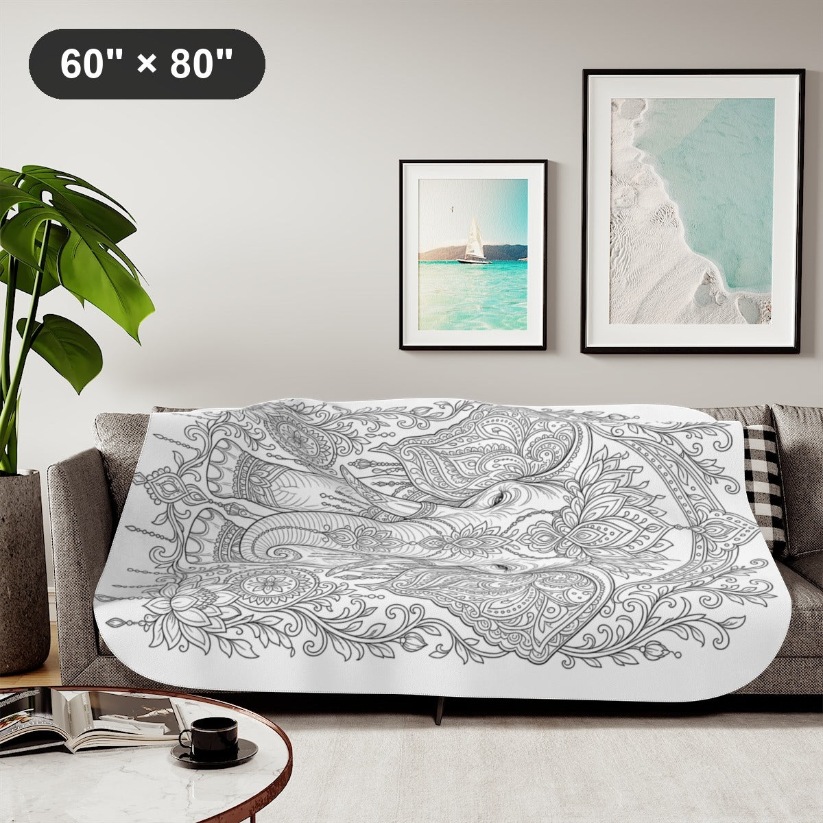Ornate Elephant Lotus Garden Sherpa Blanket kit shown in a lifestyle mockup - styled in a living room - 60" × 80"