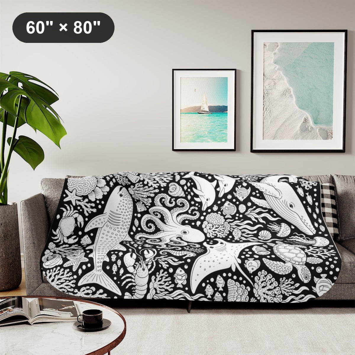 Ocean Wildlife Coral Reef Sherpa Blanket kit shown in a lifestyle mockup - styled in a living room - 60" × 80"