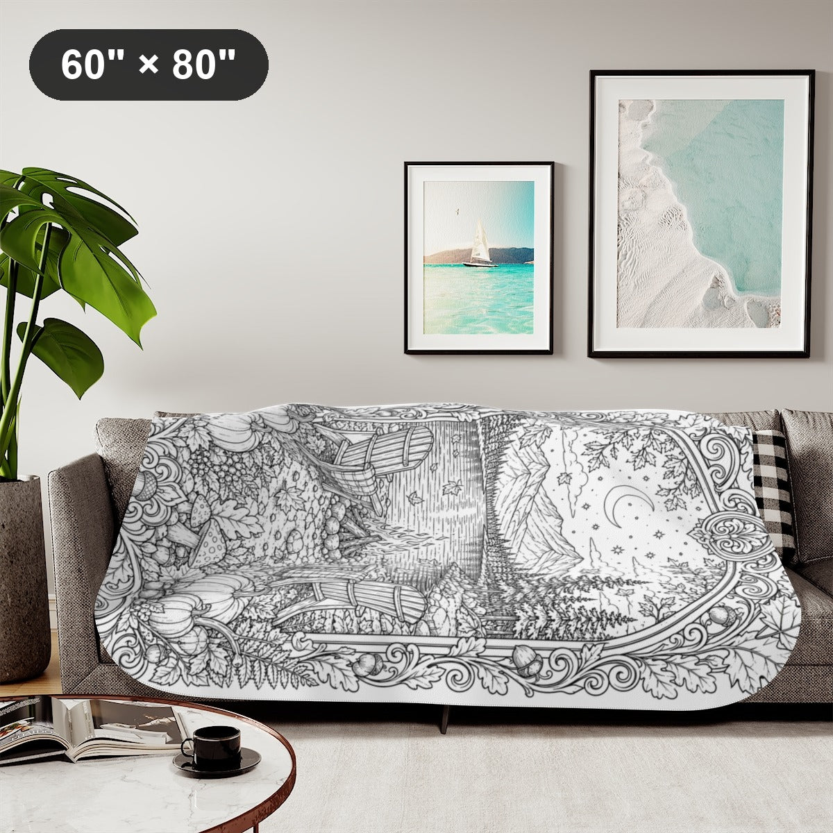 Autumn Lakeside Campfire Sherpa Blanket kit shown in a lifestyle mockup - styled in a living room - 60" × 80"