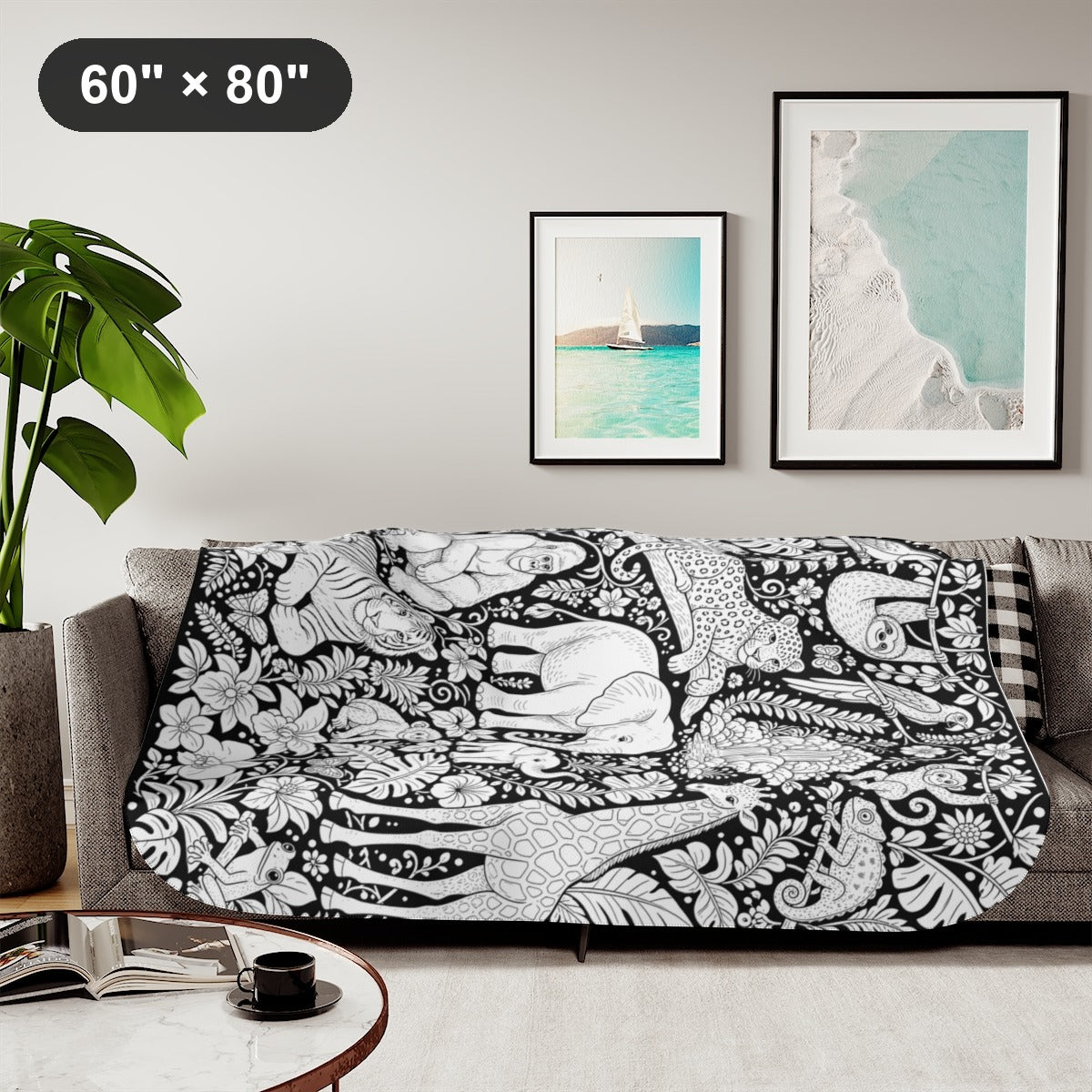 Tropical Jungle Safari Sherpa Blanket kit shown in a lifestyle mockup - styled in a living room - 60" × 80"