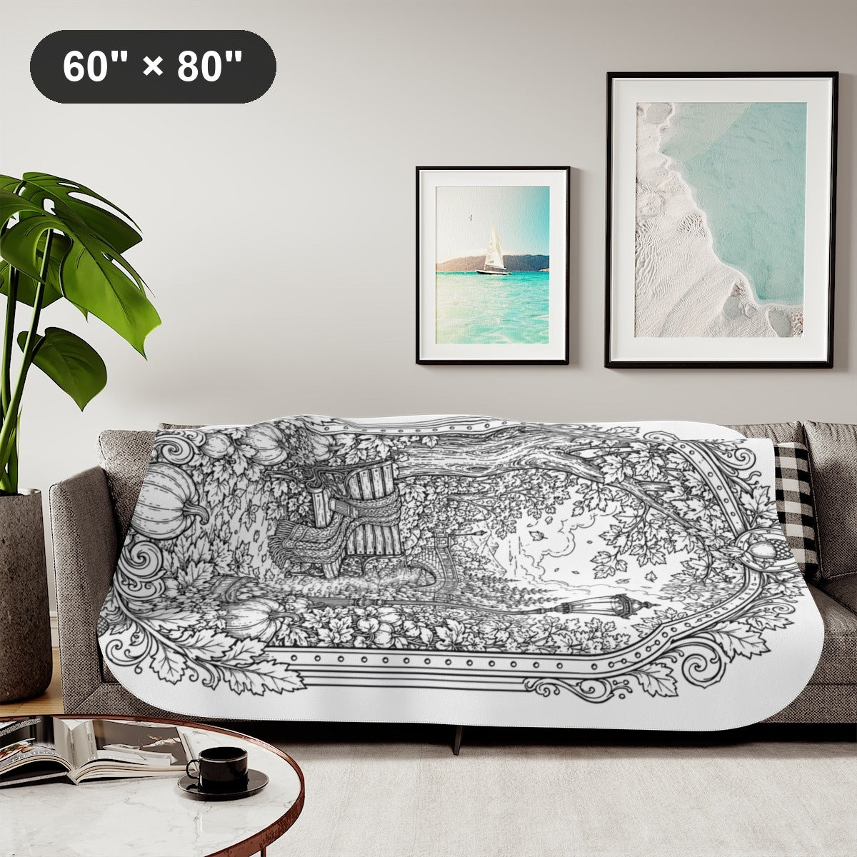 Autumn Park Bench Sherpa Blanket kit shown in a lifestyle mockup - styled in a living room - 60" × 80"