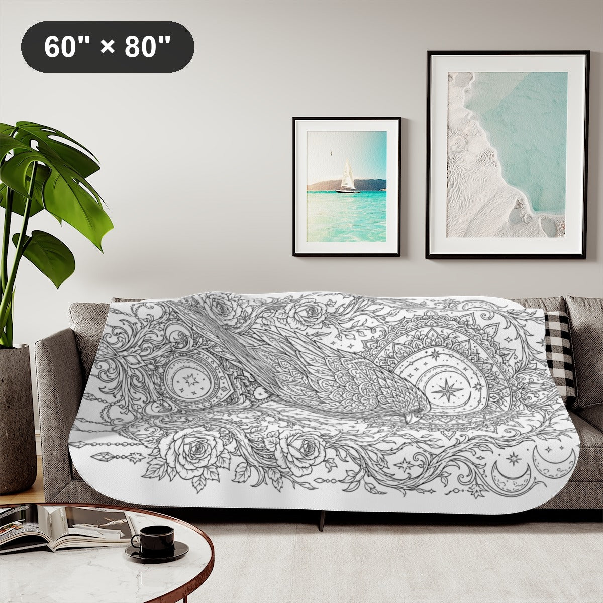 Celestial Raven Moon Garden Sherpa Blanket kit shown in a lifestyle mockup - styled in a living room - 60" × 80"