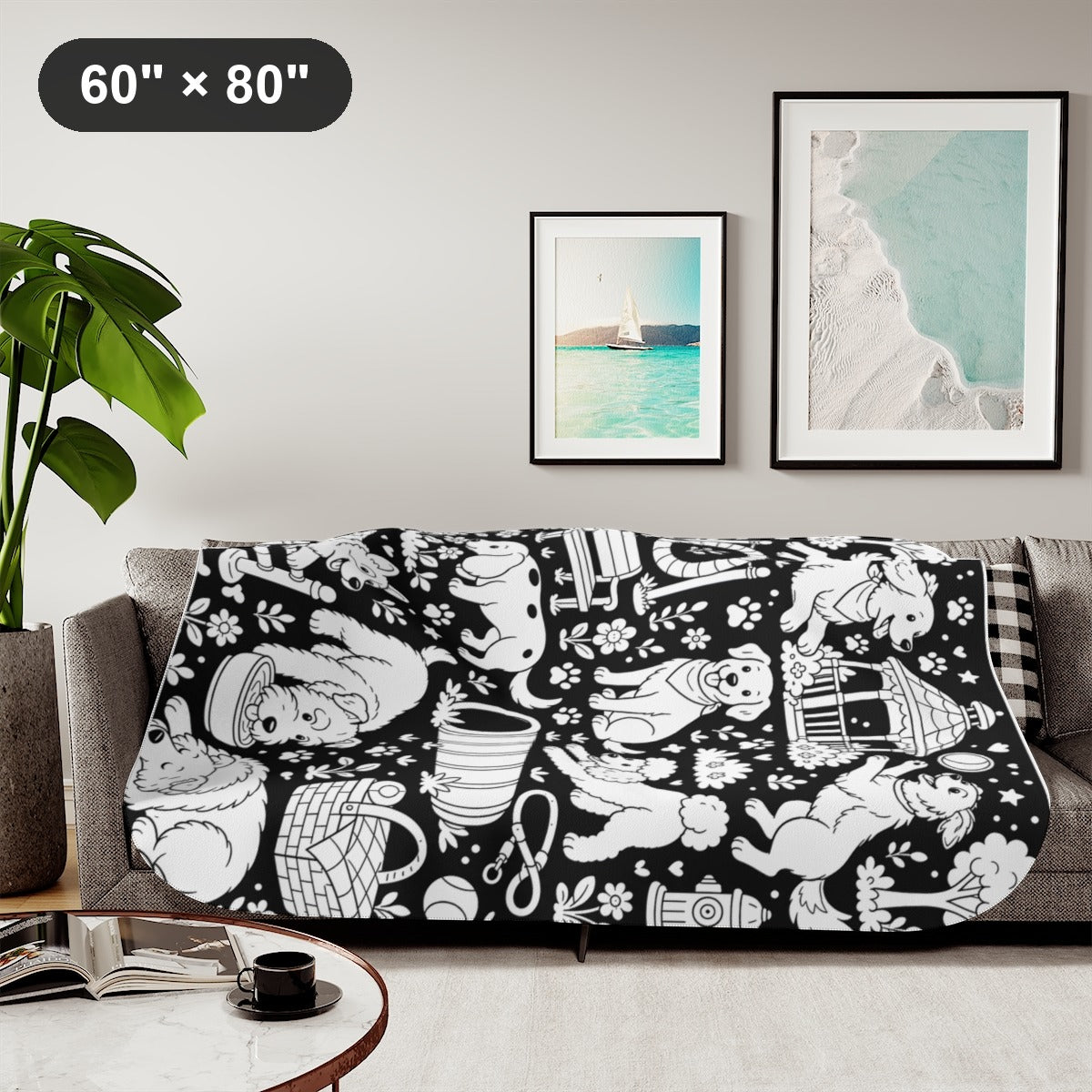 Dog Park Puppies Sherpa Blanket kit shown in a lifestyle mockup - styled in a living room - 60" × 80"