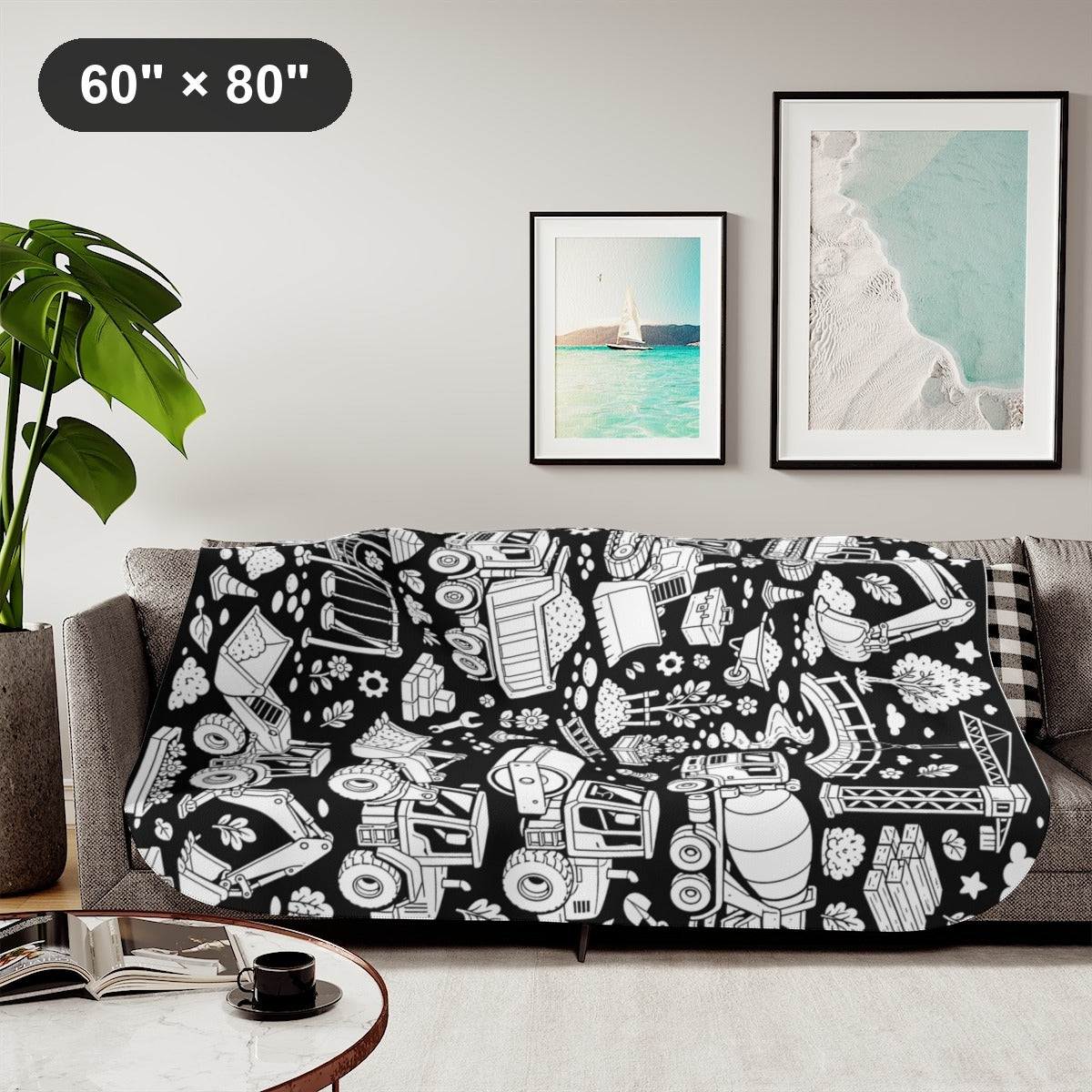 Construction Site Machines Sherpa Blanket kit shown in a lifestyle mockup - styled in a living room - 60" × 80"