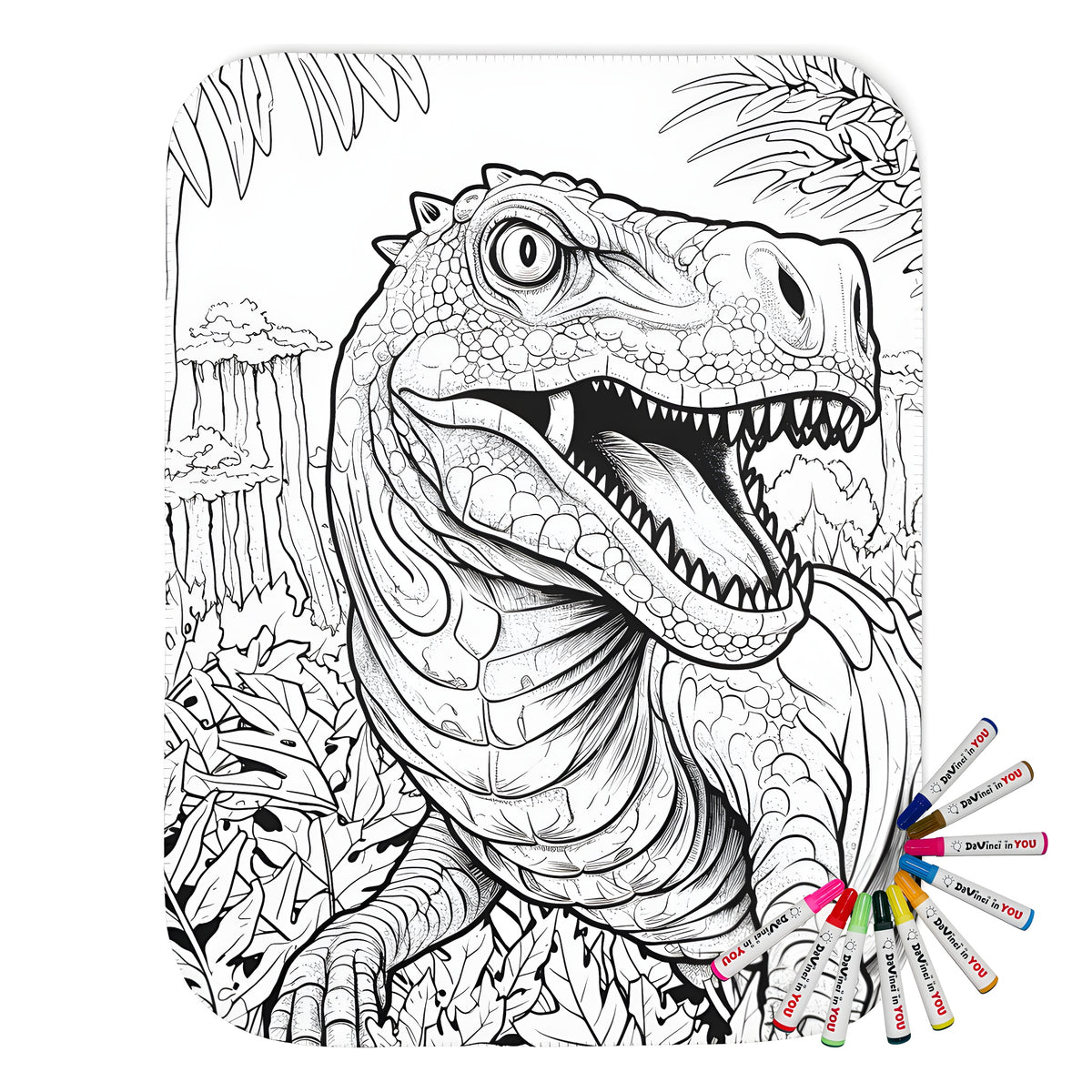 Fierce T-Rex dinosaur blanket with a black and white jungle scene