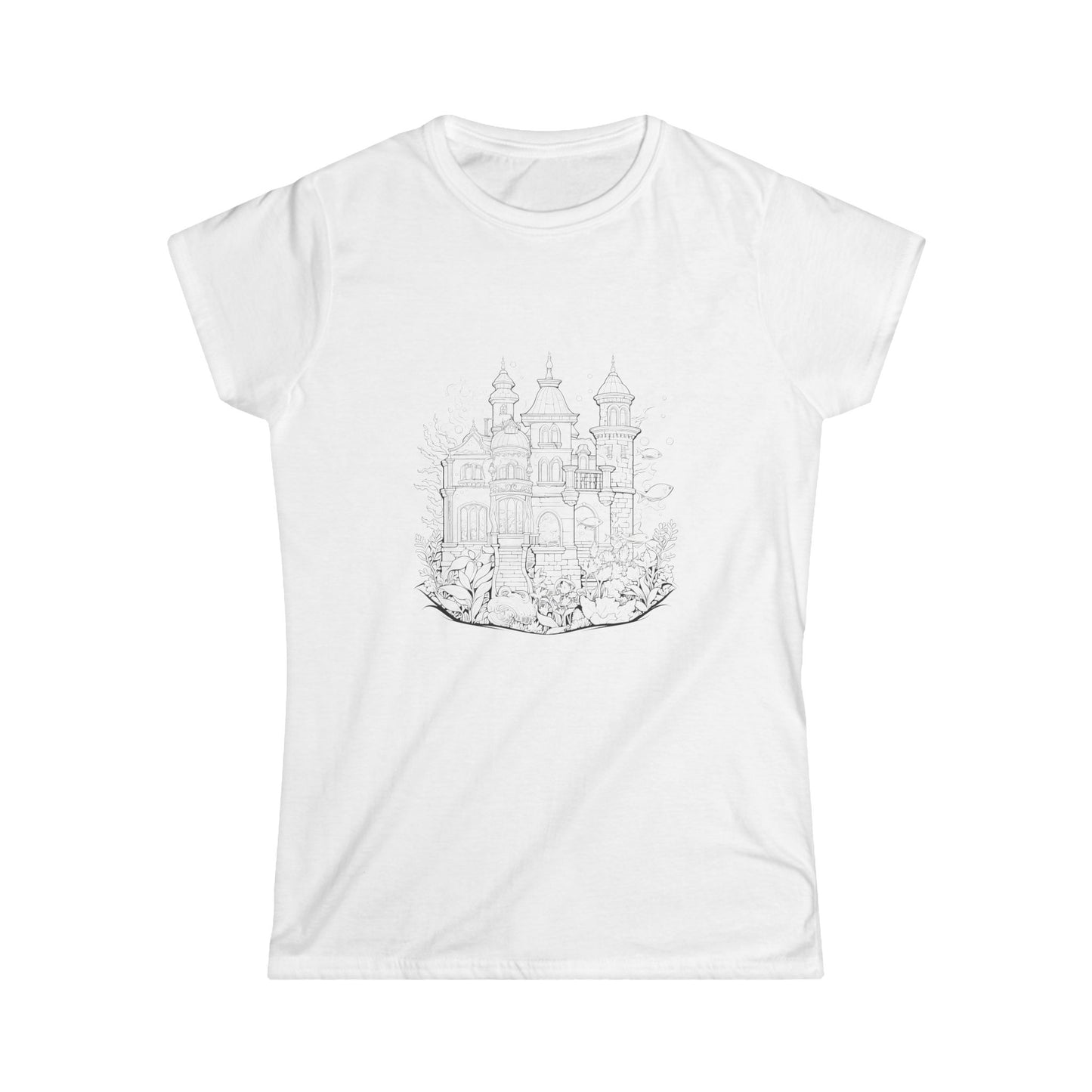 "White t-shirt featuring a detailed black and white graphic illustration of an old church with intricate architectural details."