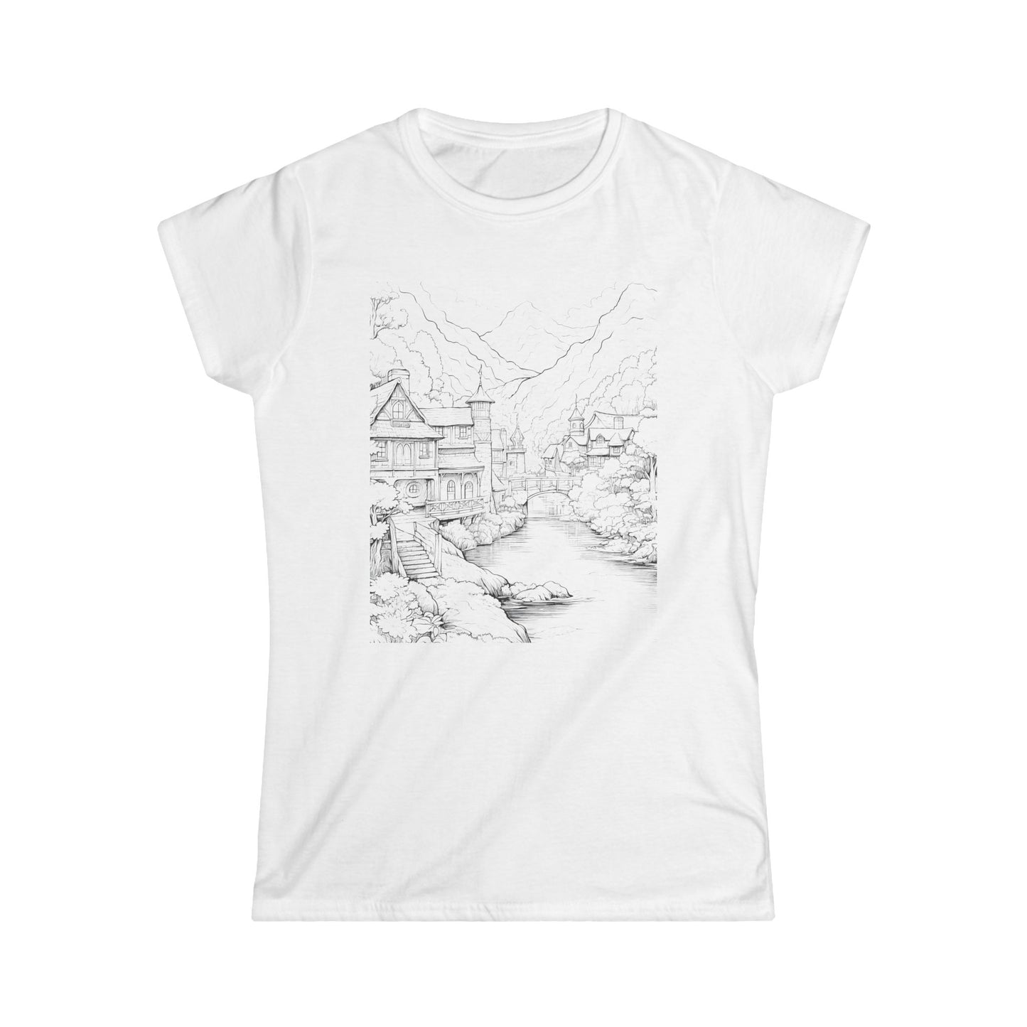"White t-shirt featuring a black and white sketch of a rural landscape with a house near a body of water."