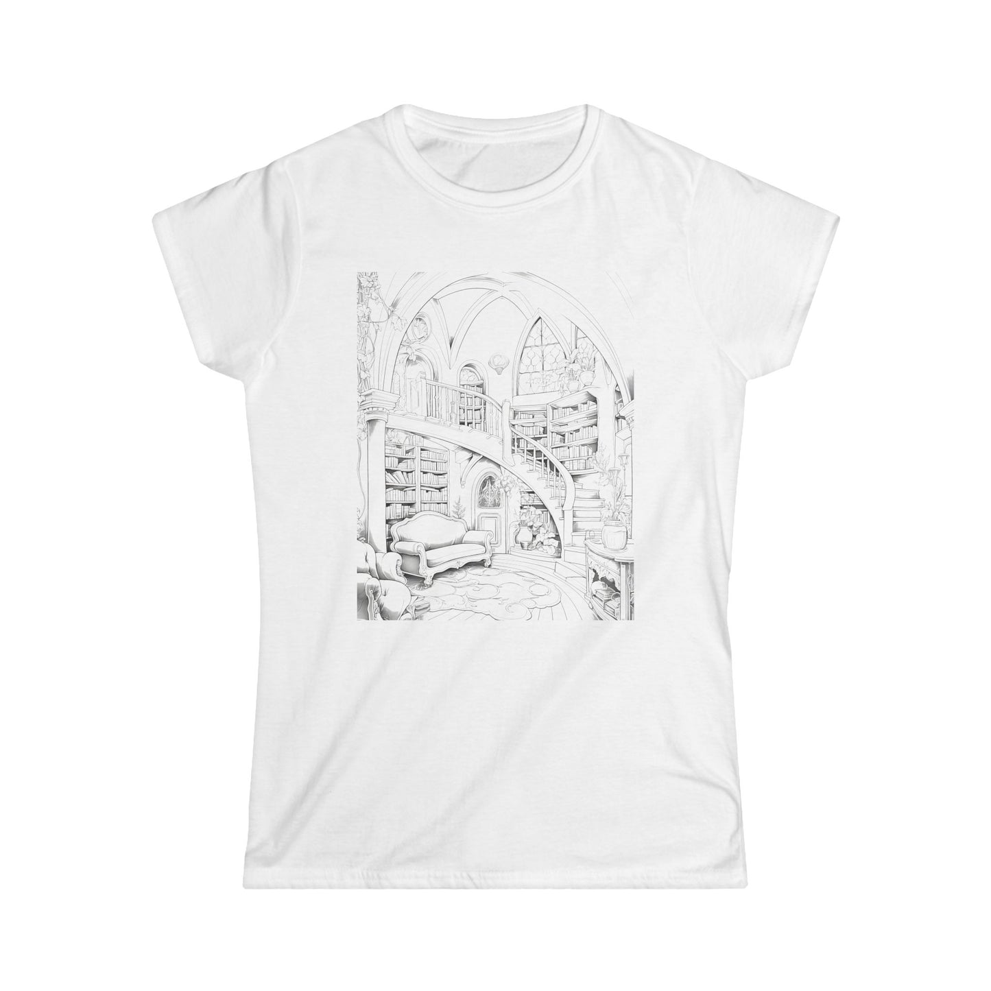"White graphic t-shirt featuring a black and white illustration of an interior space, possibly a library or study room, with shelves of books and a comfortable armchair."