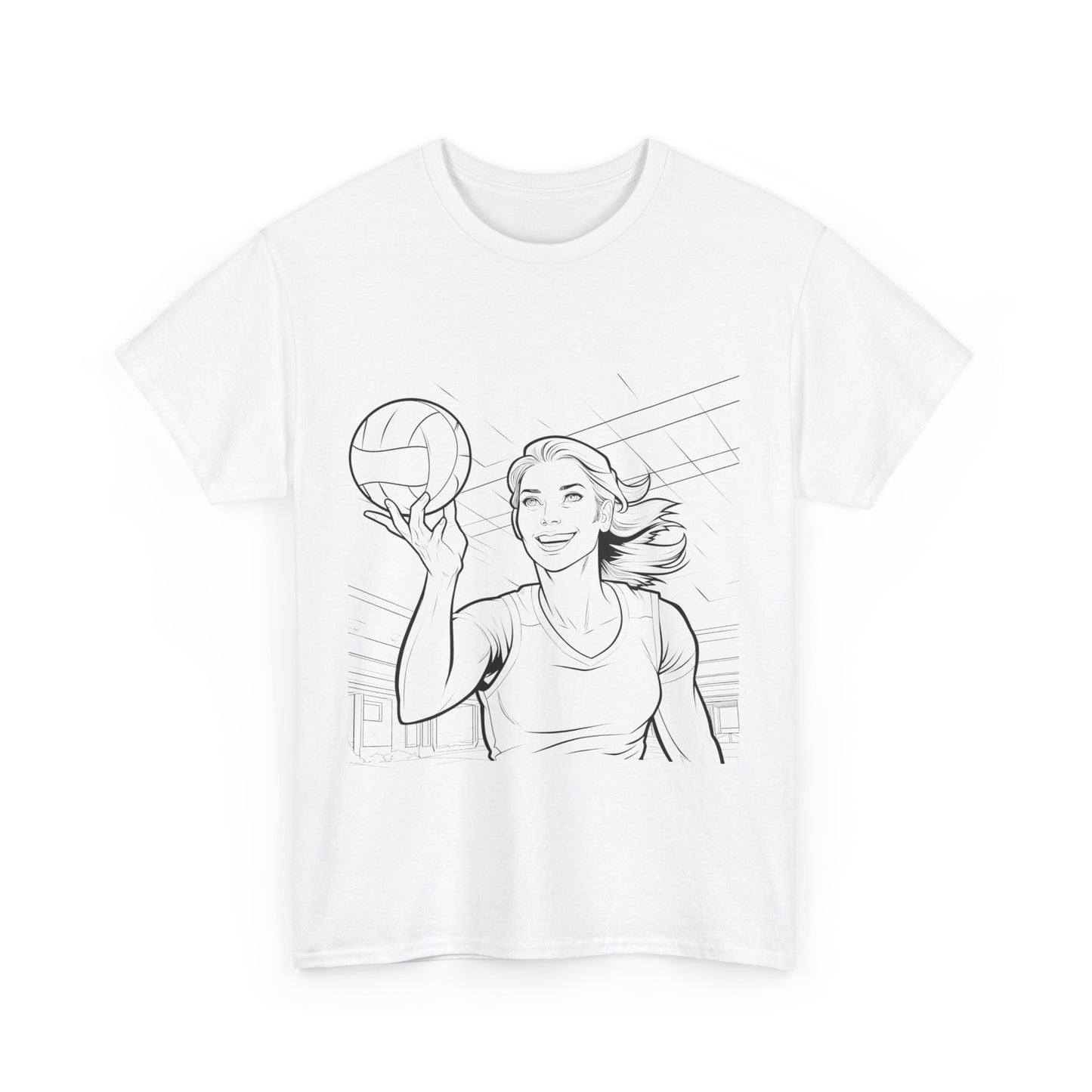 "White graphic tee shirt featuring a stylized illustration of a female basketball player in motion, holding a ball and looking upwards."