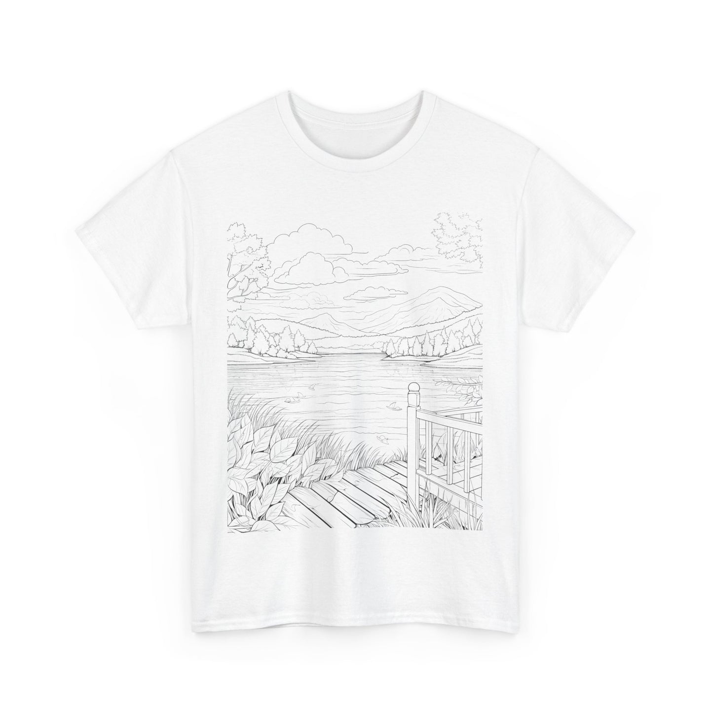 "A serene lakeside scene featuring trees, a wooden deck, and a tranquil lake, illustrated in black and white on a white t-shirt"