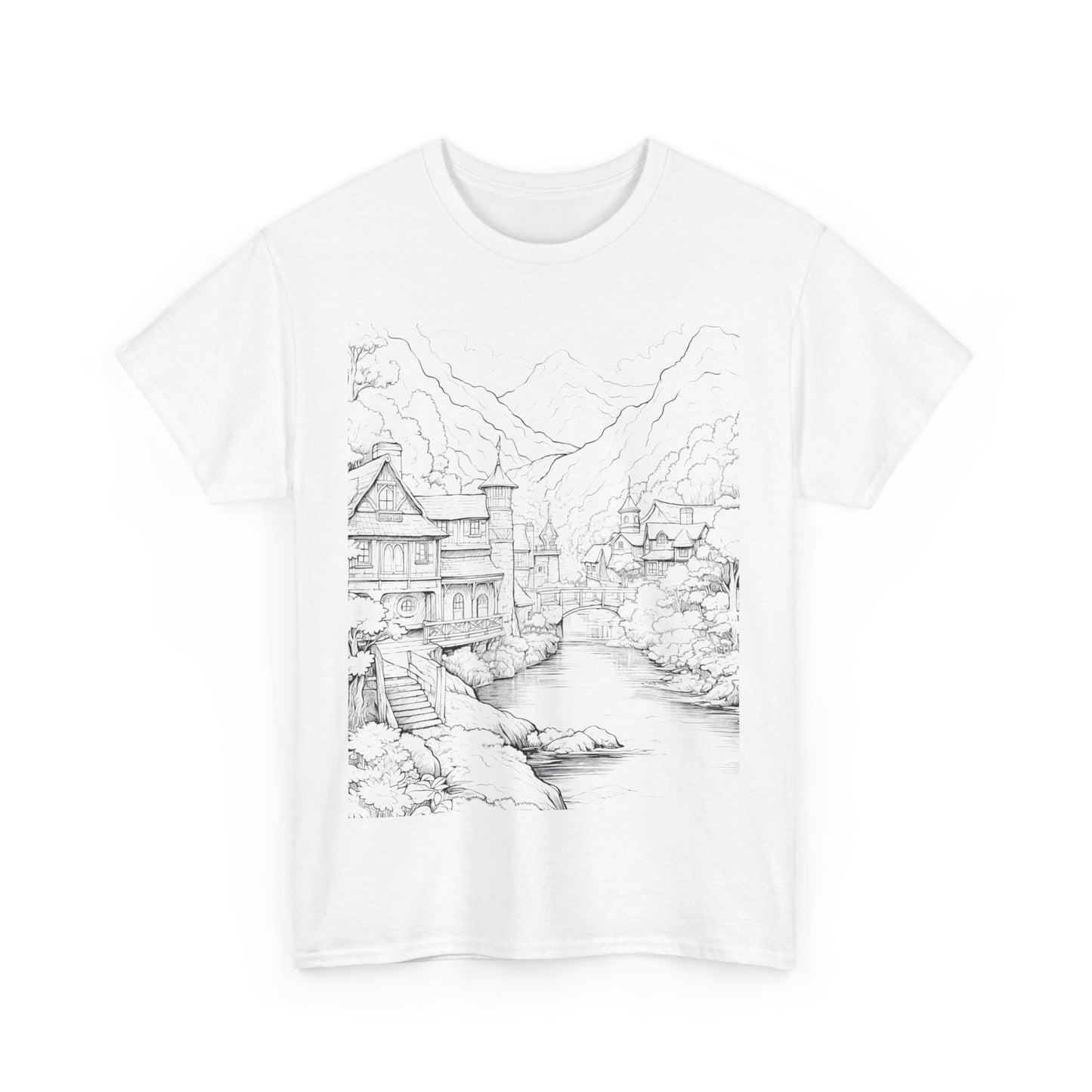 "White t-shirt featuring a black and white graphic illustration of traditional village architecture near a river in an ink drawing style."