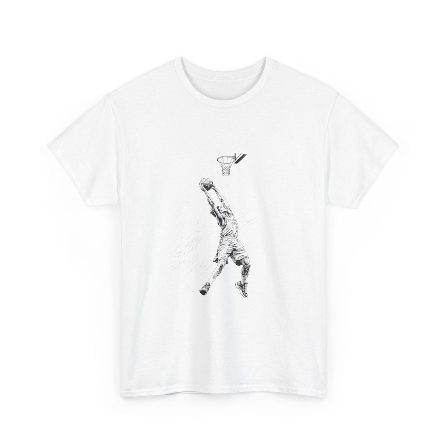 "Black and white graphic illustration of a basketball player in mid-shot, releasing a basketball on a white background."