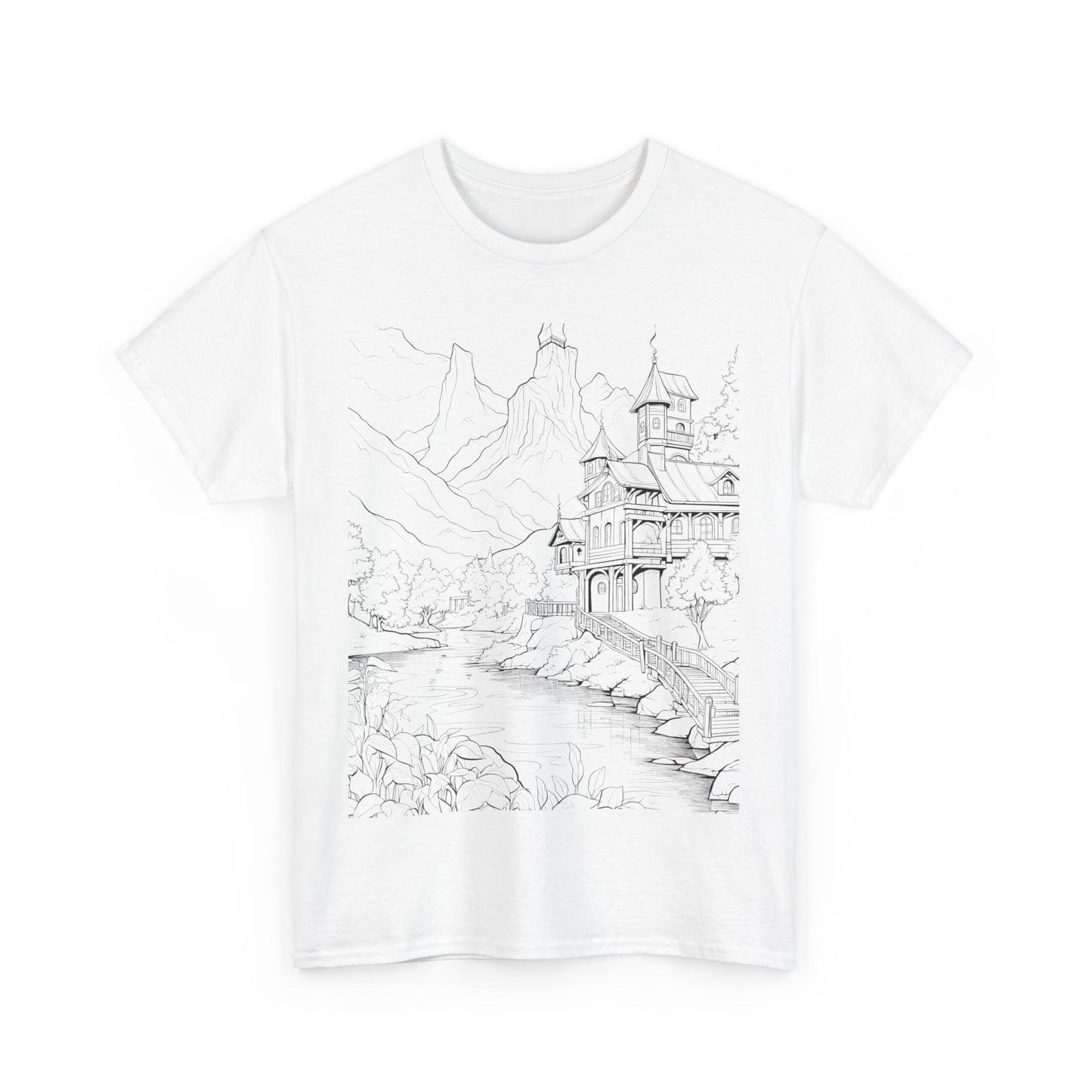 "White t-shirt featuring a detailed monochromatic illustration of a mountain landscape with village, lake, and church."