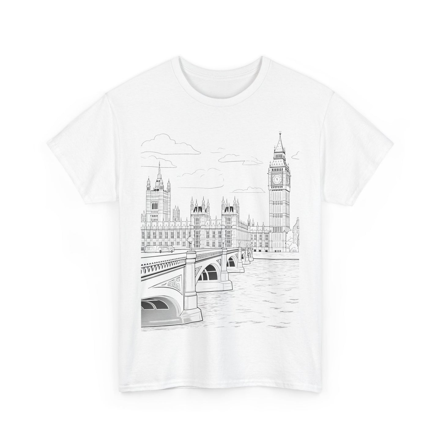 "Stylized illustration of London landmarks, including Big Ben, Westminster Bridge, and the River Thames on a white t-shirt."