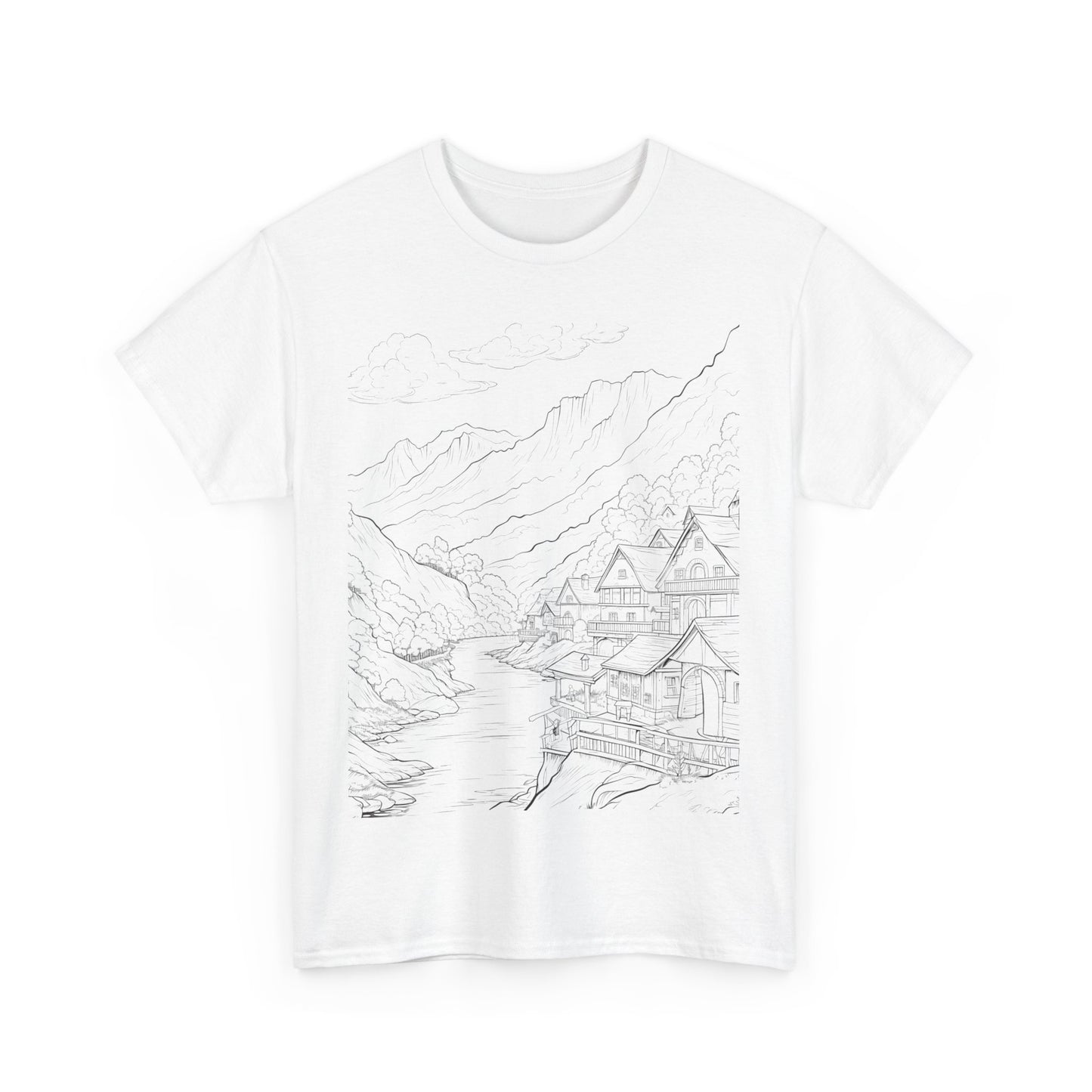 "White T-shirt featuring a serene village landscape with water, depicted in black and white illustration."