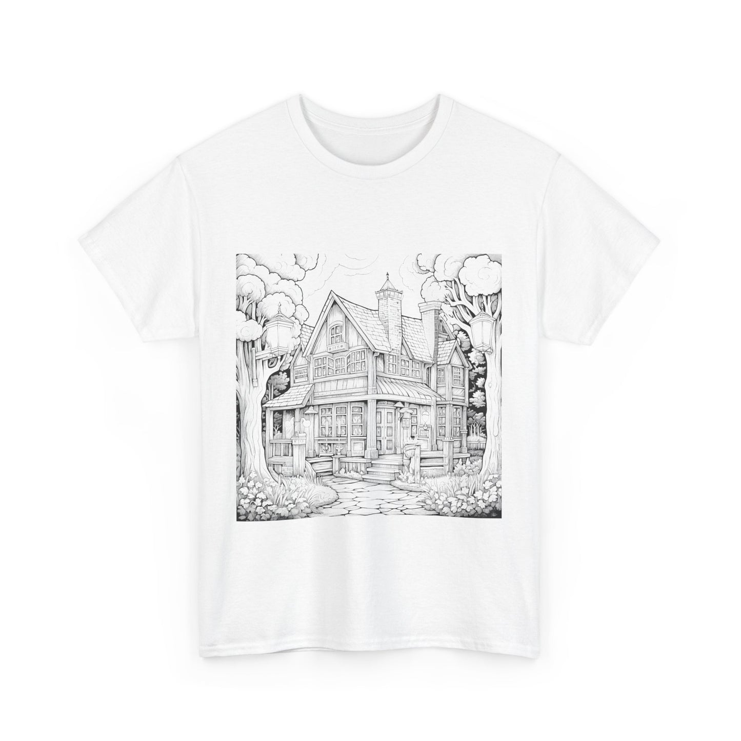 "White t-shirt featuring a black and white graphic illustration of a detailed haunted house with windows, door, and chimney."