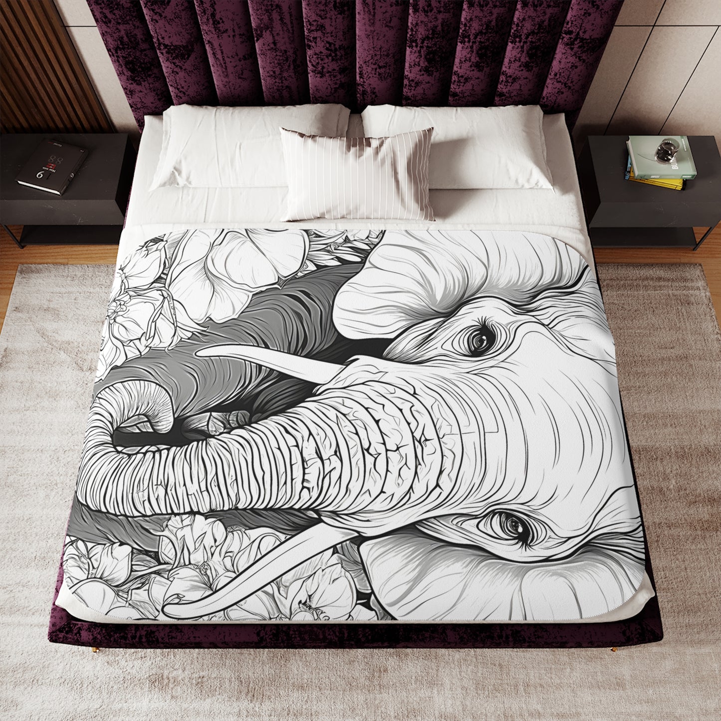 Blanket Coloring Kit with 10 Fabric Markers - Elephant in Floral Environment