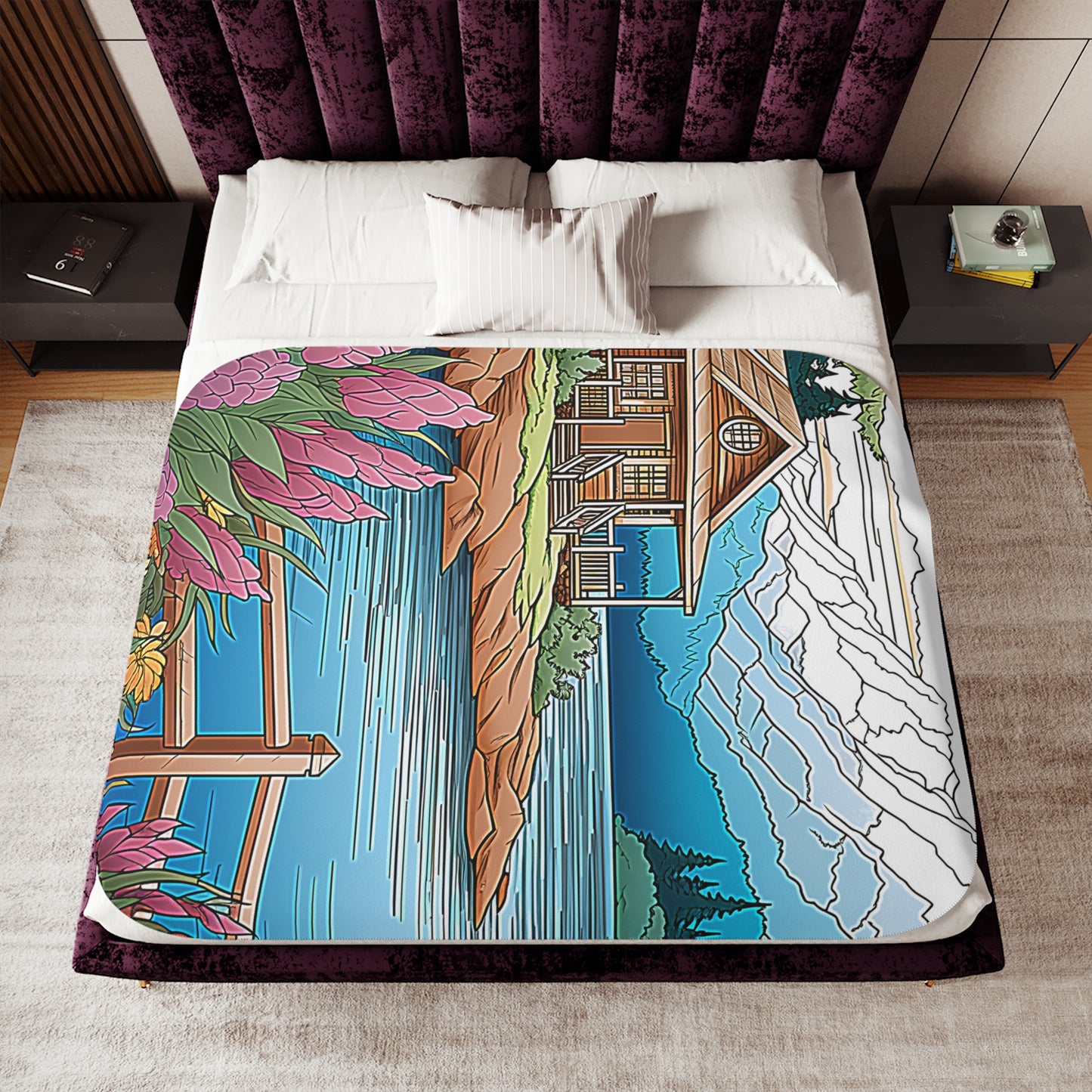Blanket Colorful Graphic Design - Mountain Cabin by the Lake