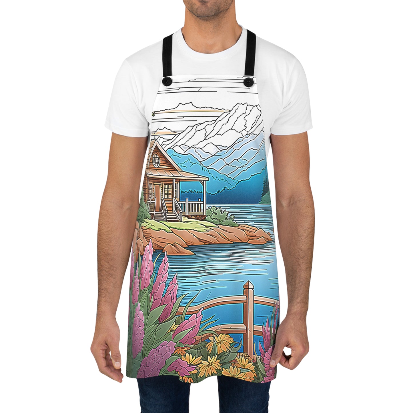 Apron Colorful Graphic Design - Mountain Cabin by the Lake