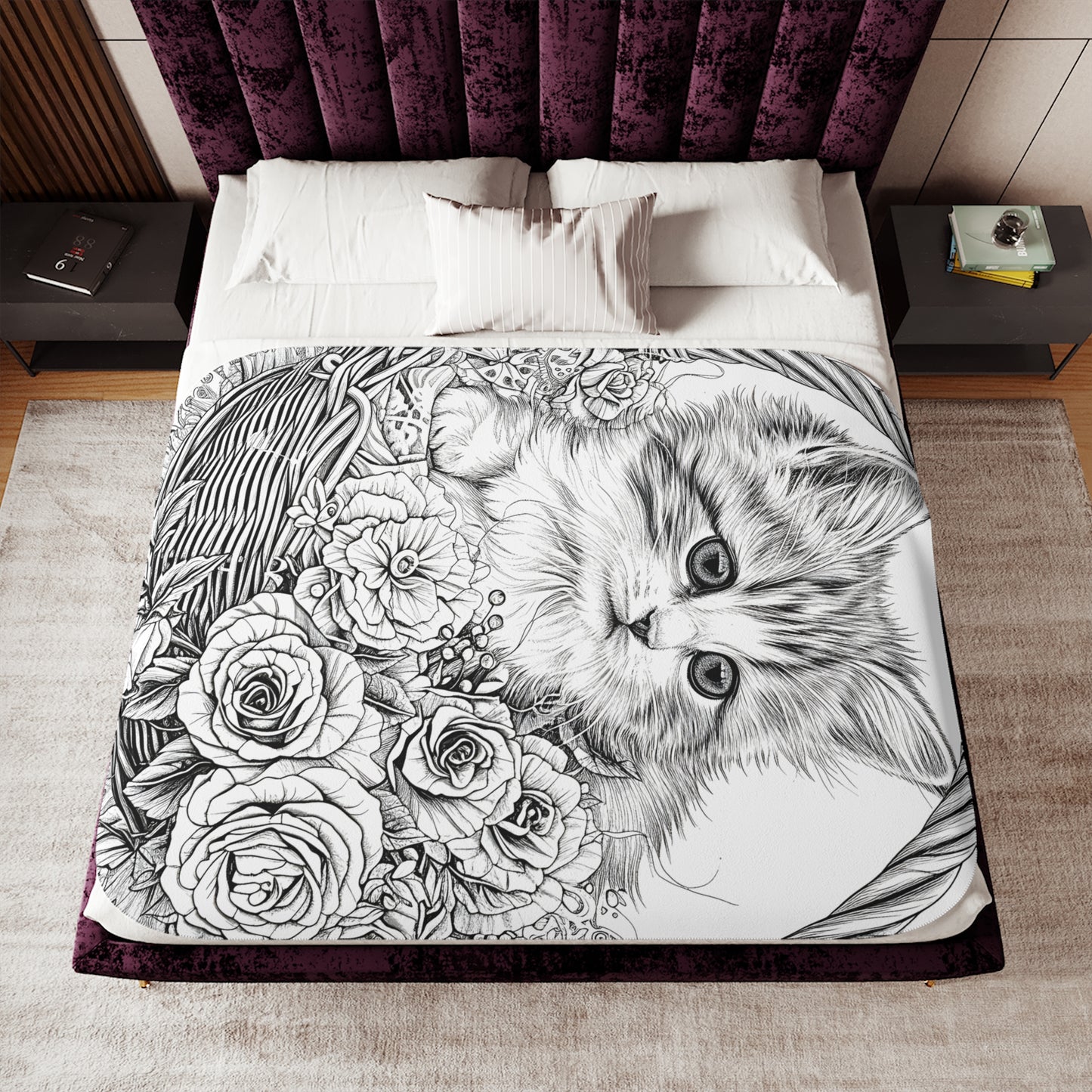 Blanket Coloring Kit with 10 Fabric Markers - Cat in a floral basket