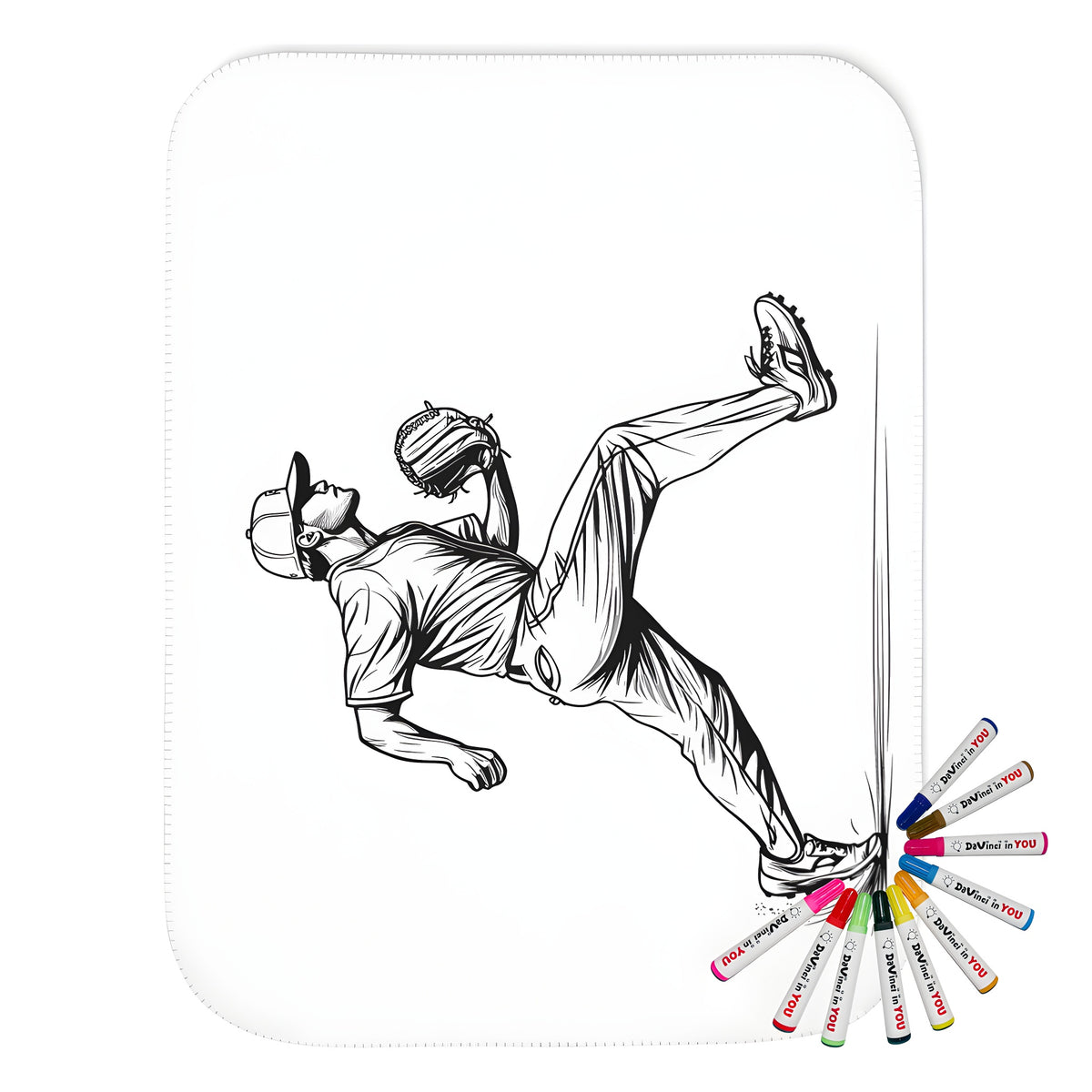 Coloring blanket with baseball design, pitcher illustration on fabric art