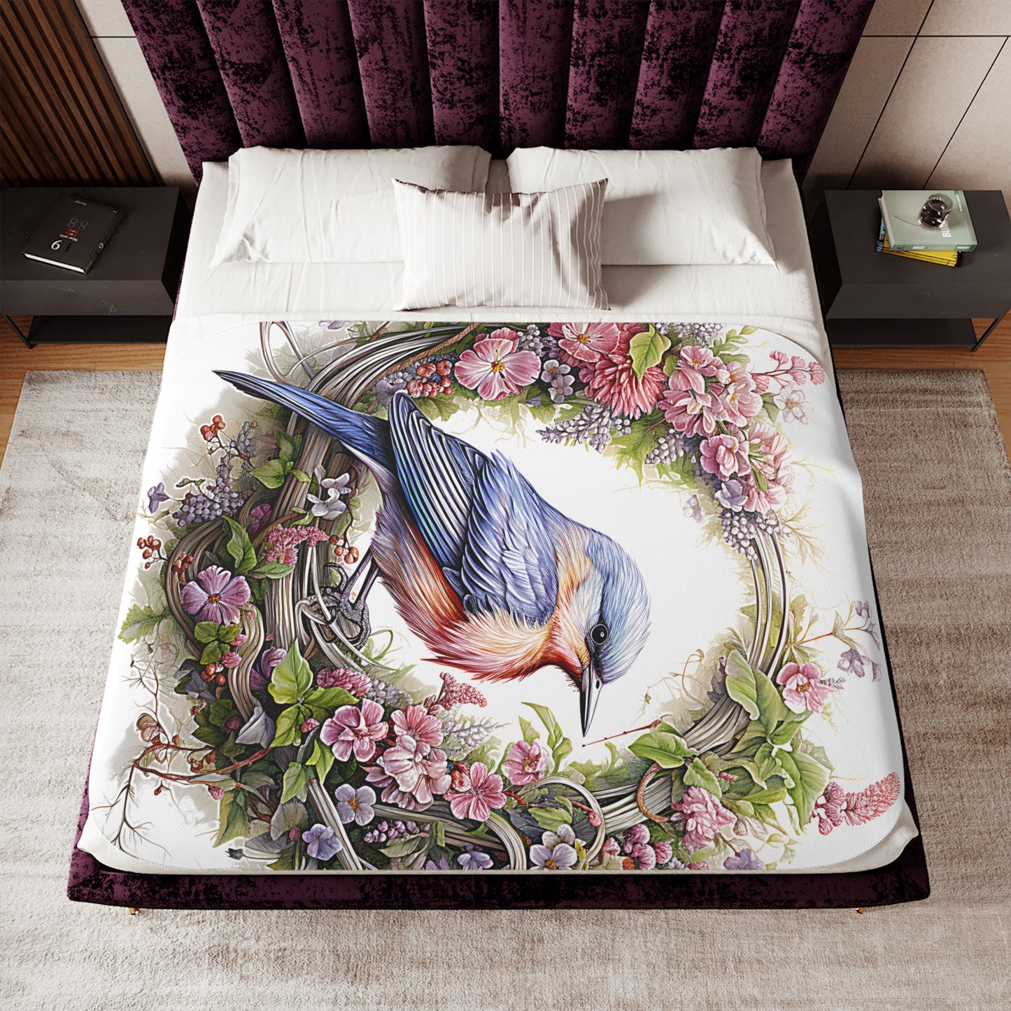 Blanket Colorful Graphic Design - Bluebird in Floral Wreath
