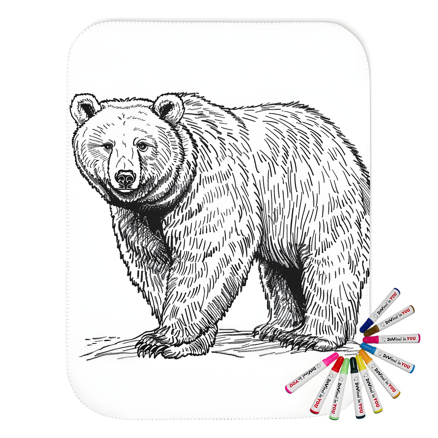 Cozy blanket featuring a detailed black and white sketch of a grizzly bear, great for relaxation and stress relief