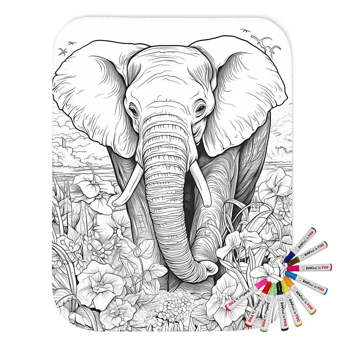 Detailed elephant coloring page blanket with nature scene, surrounded by flowers and trees with birds in background. Soft fabric markers included.