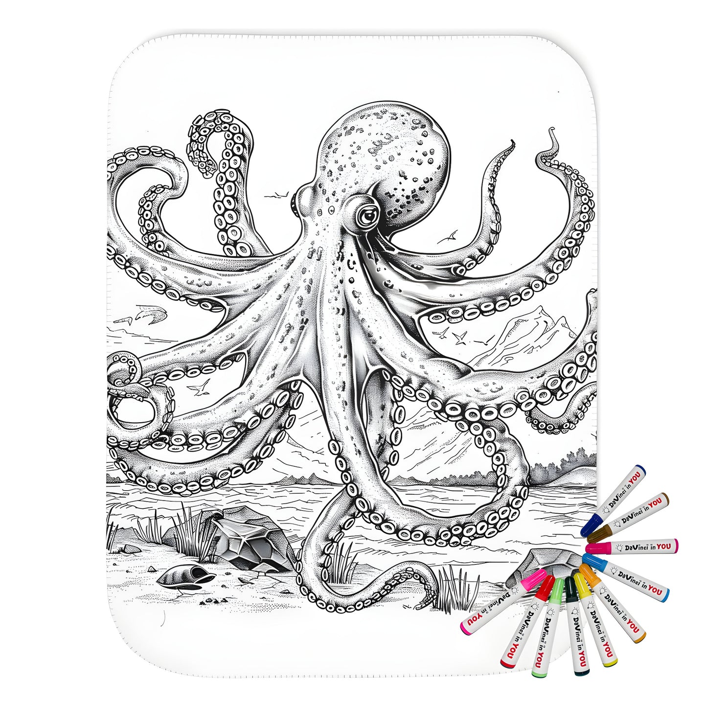 Coloring blanket with octopus design featuring tentacles and a marine backdrop