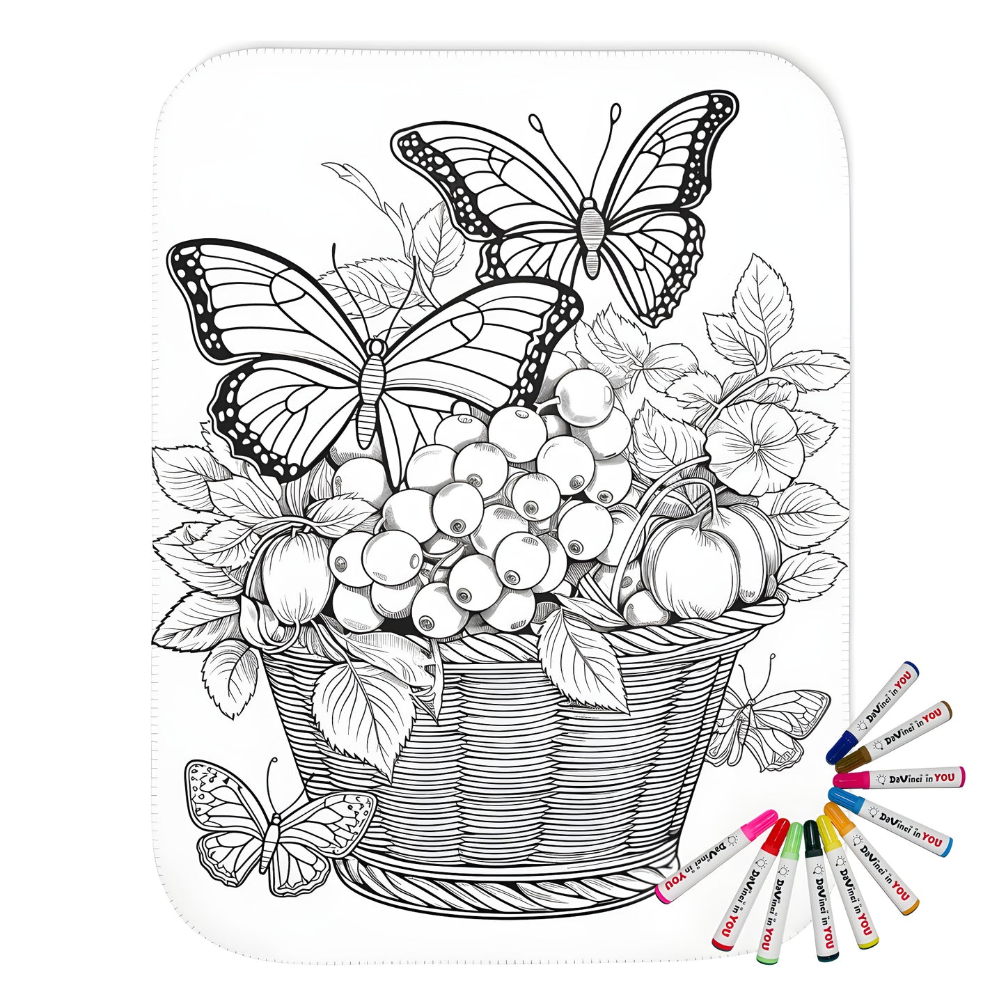 Vibrant blanket featuring colorful fruit arrangement and butterfly designs