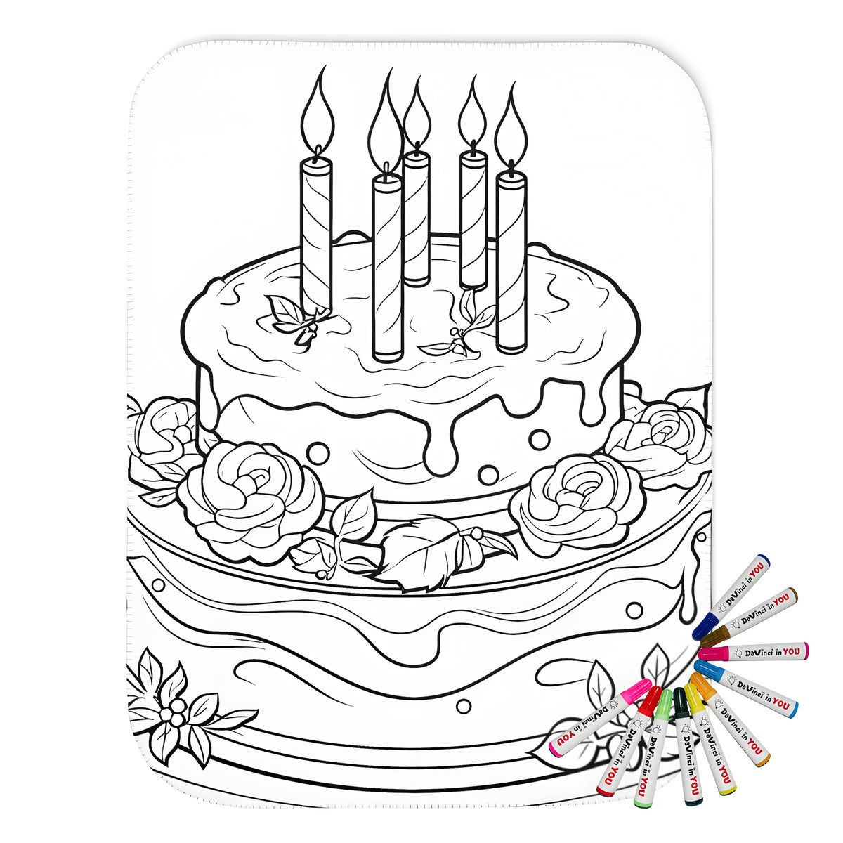 Cozy blanket featuring a detailed birthday cake with candles and roses design for adult coloring pages