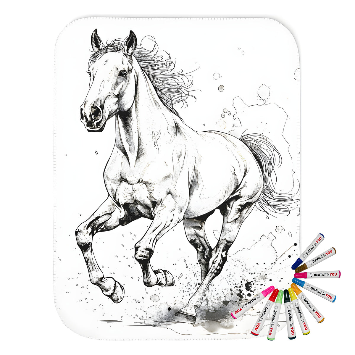 Colorful blanket featuring a vibrant depiction of a galloping horse, detailed with flowing mane and strong muscles