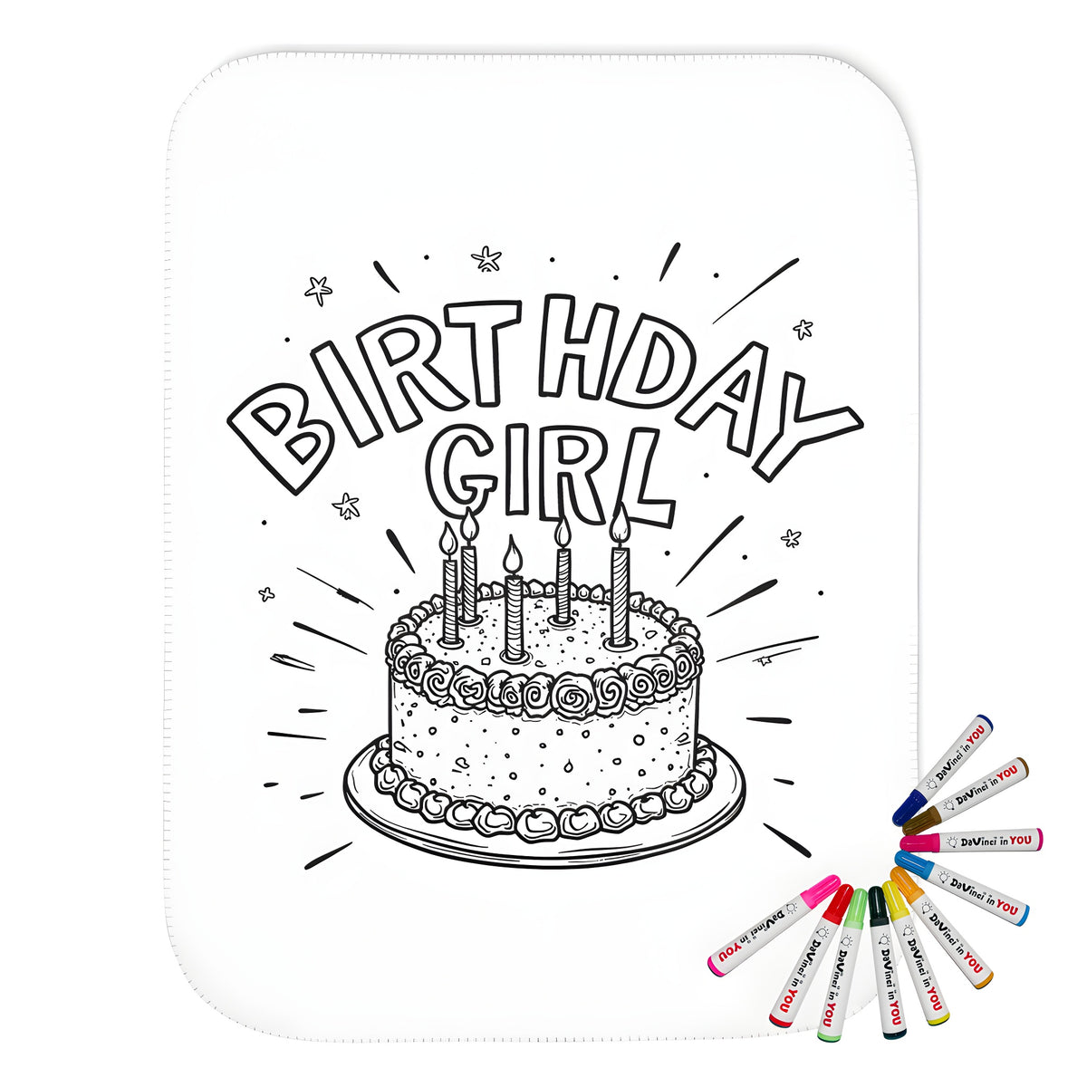 Blanket with colorful birthday cake design featuring candles, stars, and happy birthday message