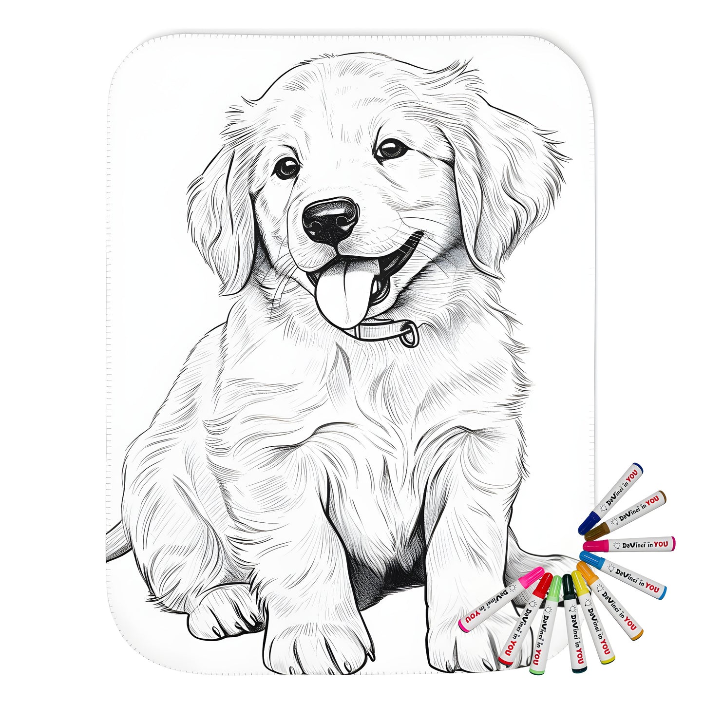 Cute blanket featuring a fun black and white illustration of a happy golden retriever dog sitting with its tongue out, wearing a collar. Perfect for puppy lovers!