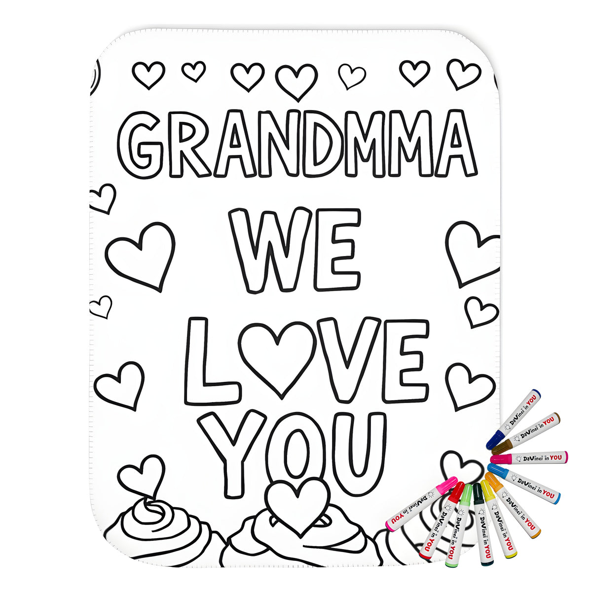 coloring blanket with GRANDMMA WE LOVE YOU design with hearts and cupcakes