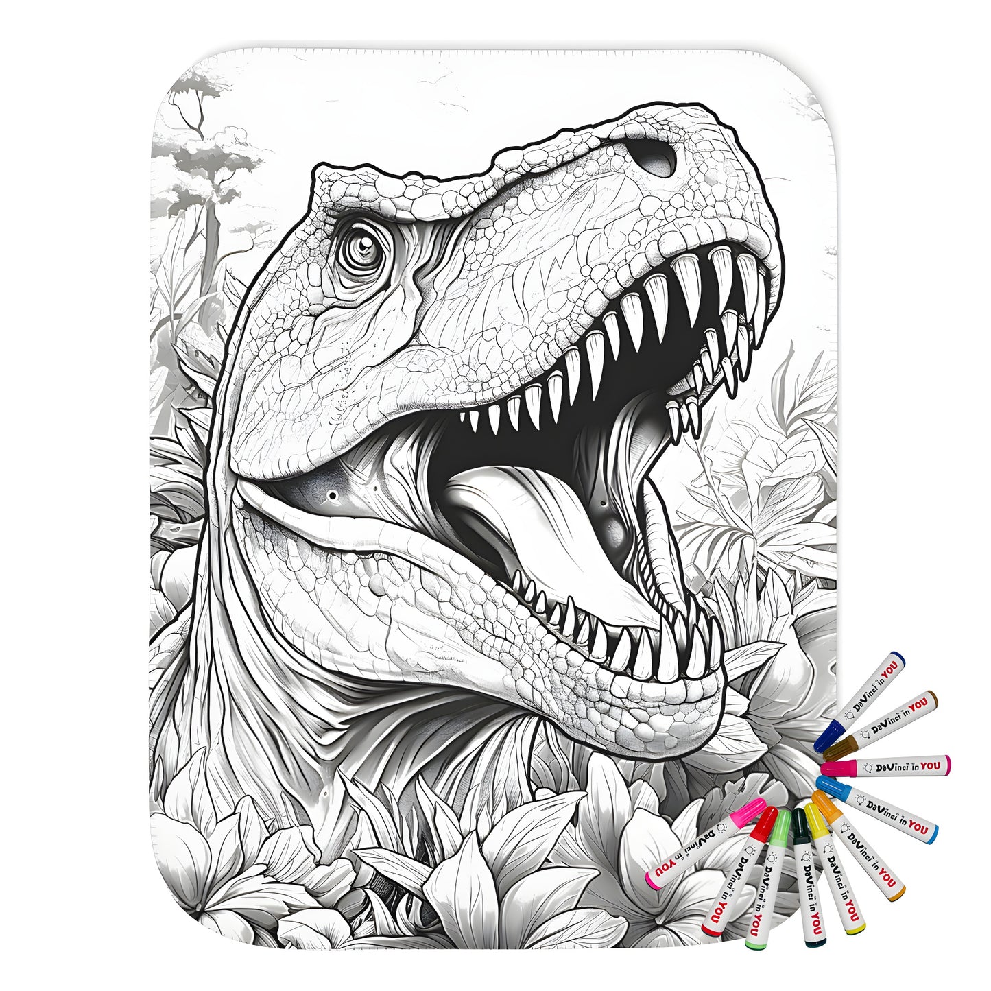 Blanket featuring a detailed T-Rex illustration with open mouth and lush foliage, perfect for adult coloring fans