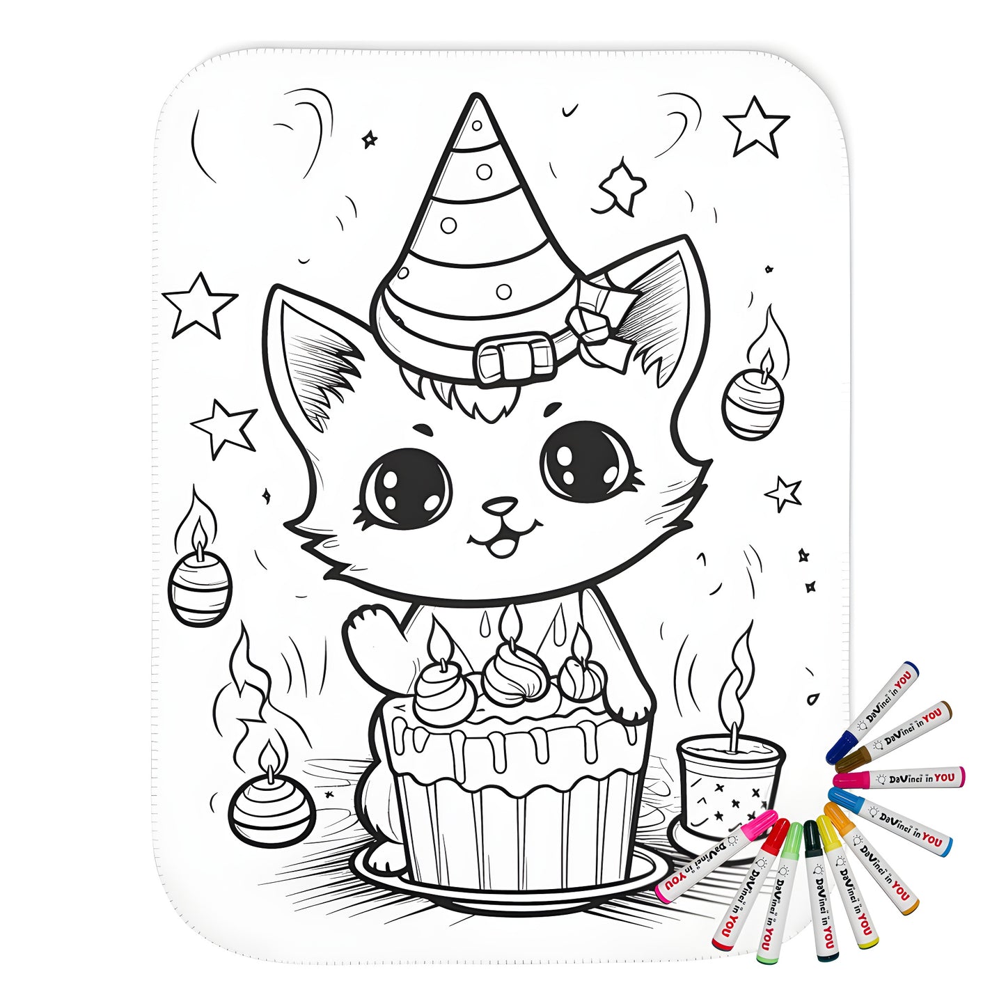 Cute cat birthday party blanket design with fabric markers