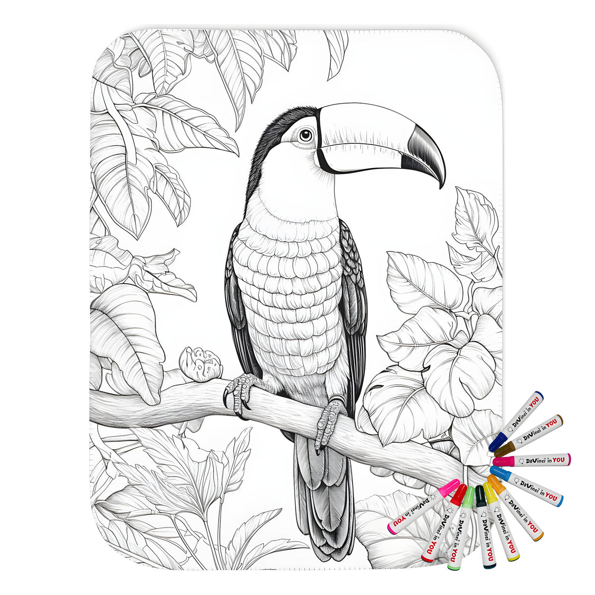 Blanket with vibrant toucan and tropical leaf design