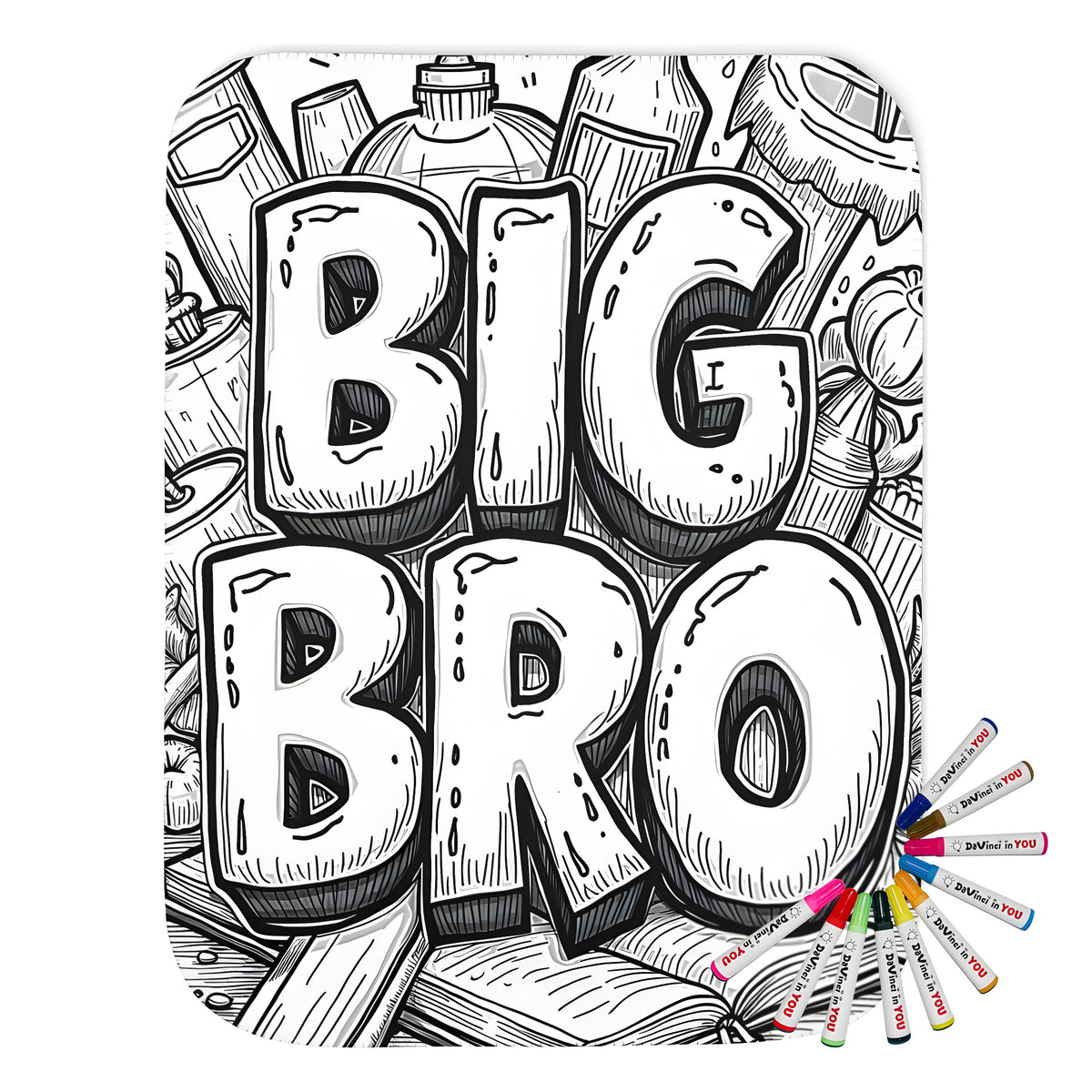 Sibling-themed blanket with colorful fabric markers and monochrome BIG BRO art