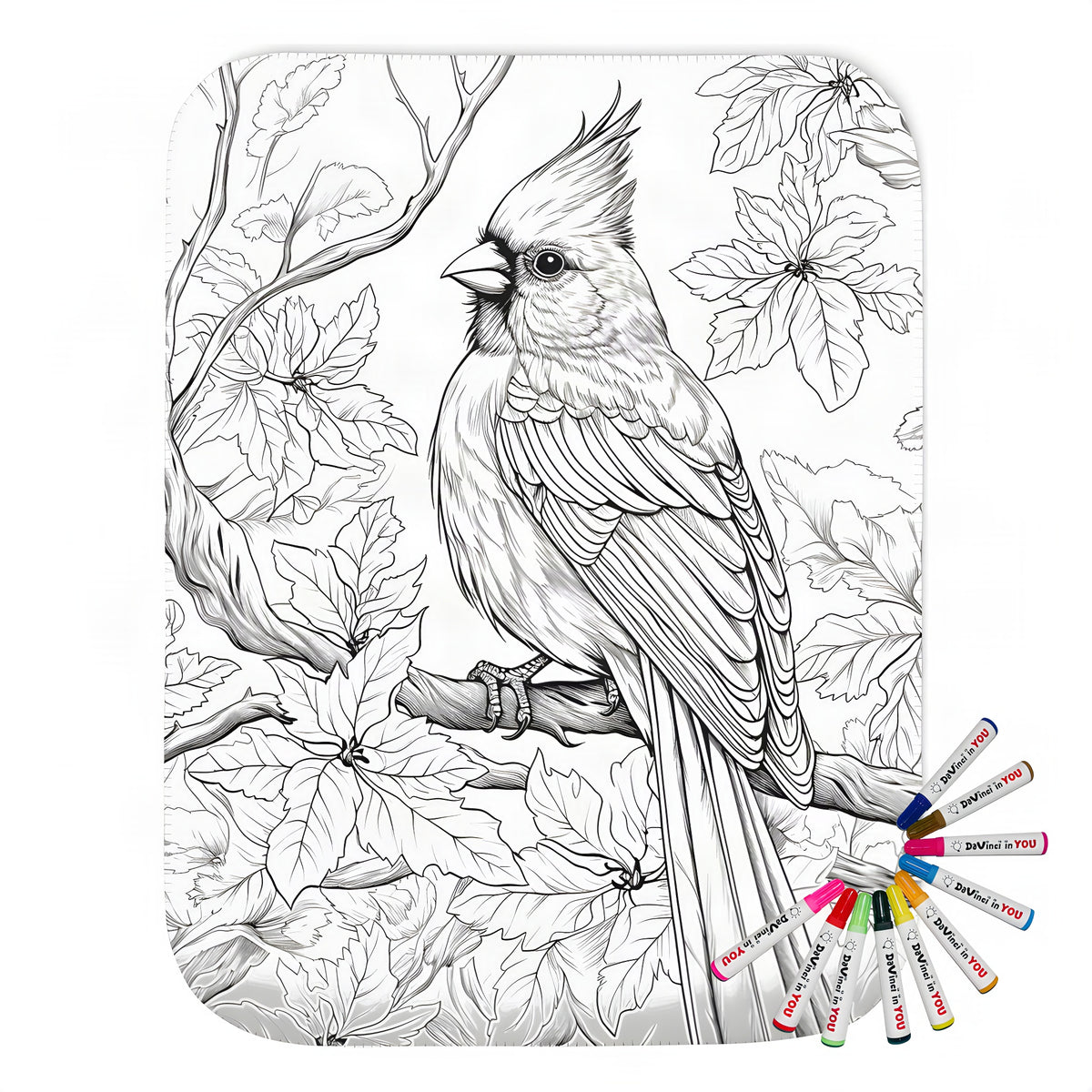 Detailed illustration of songbird perched on branch surrounded by foliage printed on cozy blanket