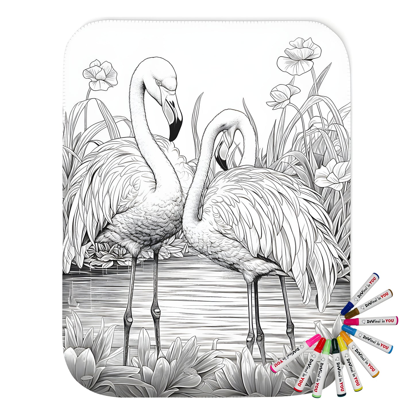 Colorful flamingo themed blanket featuring two birds standing in a pond surrounded by flowers and plants